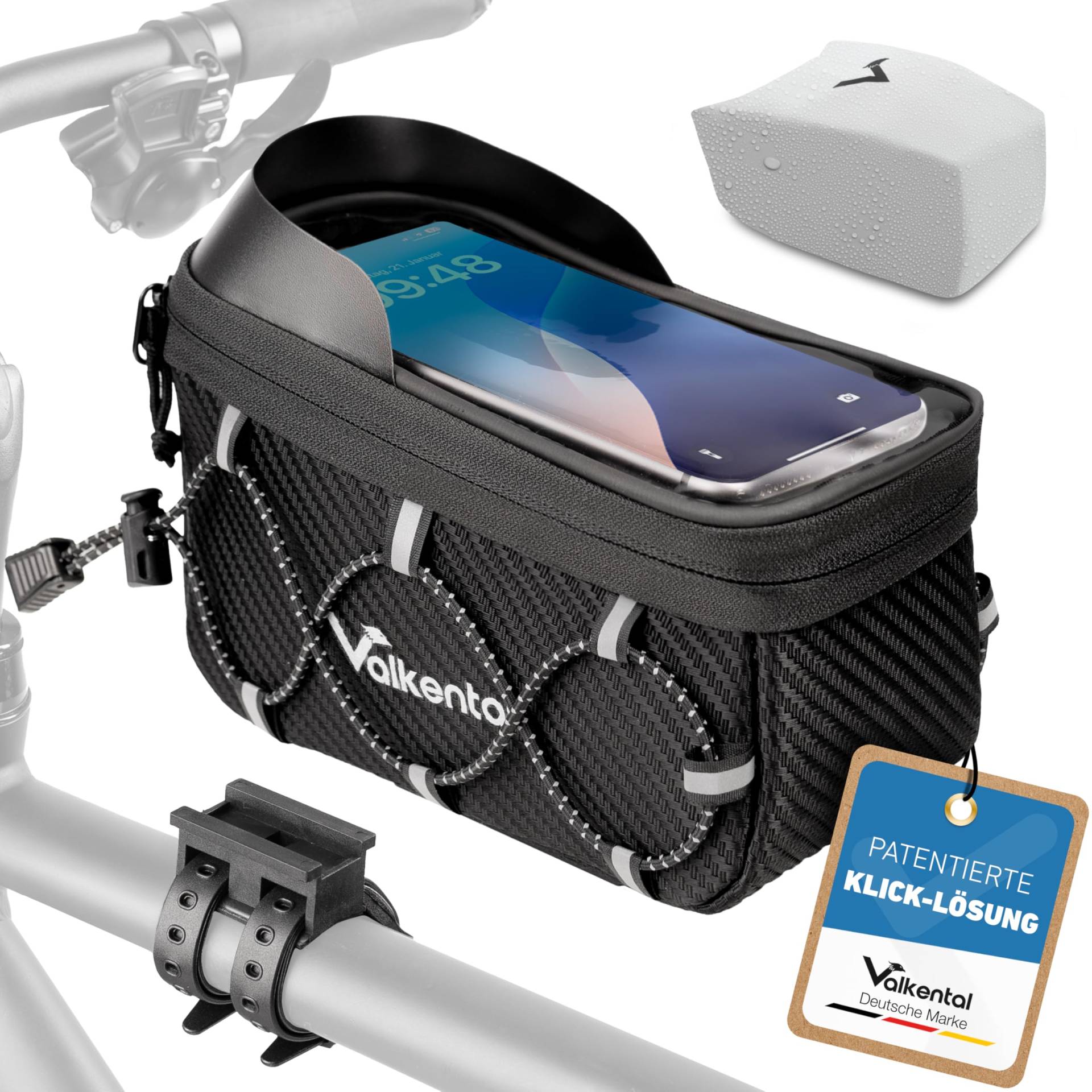 Valkental® Fahrrad Rahmentasche [Innovativer Adapter] Wasserfeste Oberrohrtasche mit Schnellspanner für MTP, Ebike & Rennrad - 1,8 Liter – Fahrradtasche Rahmen Handy – Handytasche mit sensibler Folie von Valkental