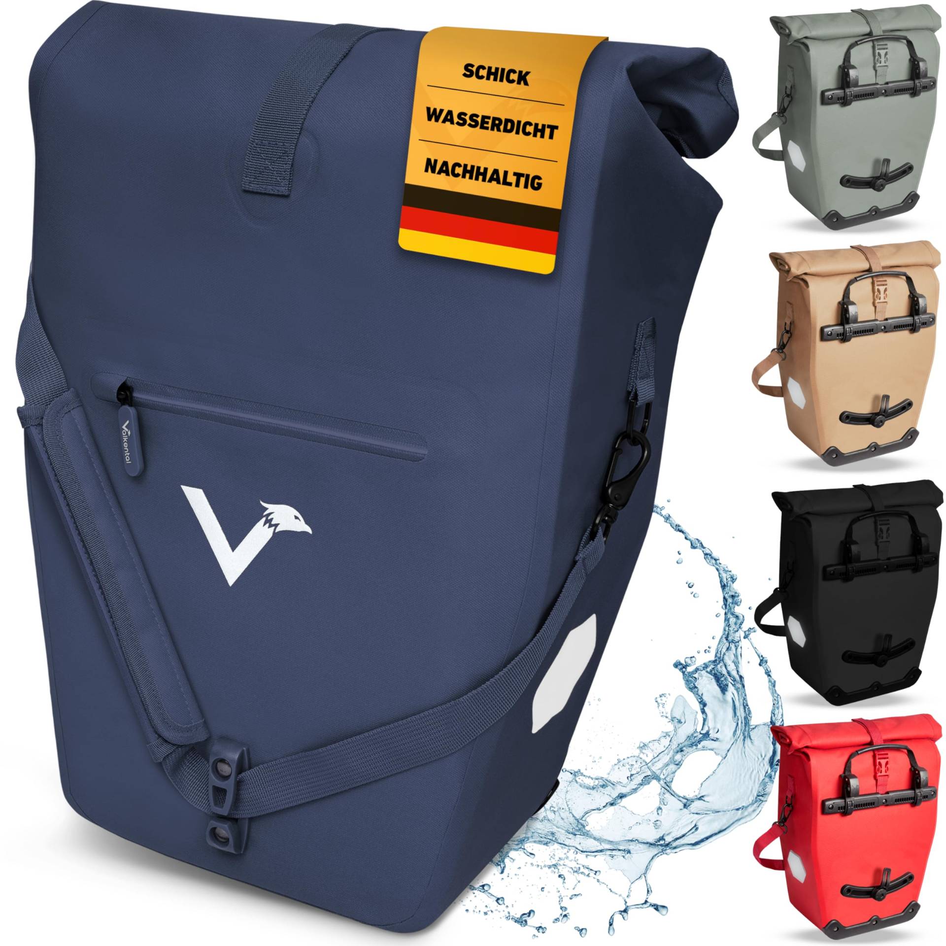 Valkental - 2in1 Fahrradtasche aus klimafreundlichem TPU - 100% Wasserdicht - Viele praktische Fächer - 23-28L Flexibles Volumen mit Laptopfach - Gepäckträgertasche in Blau von Valkental