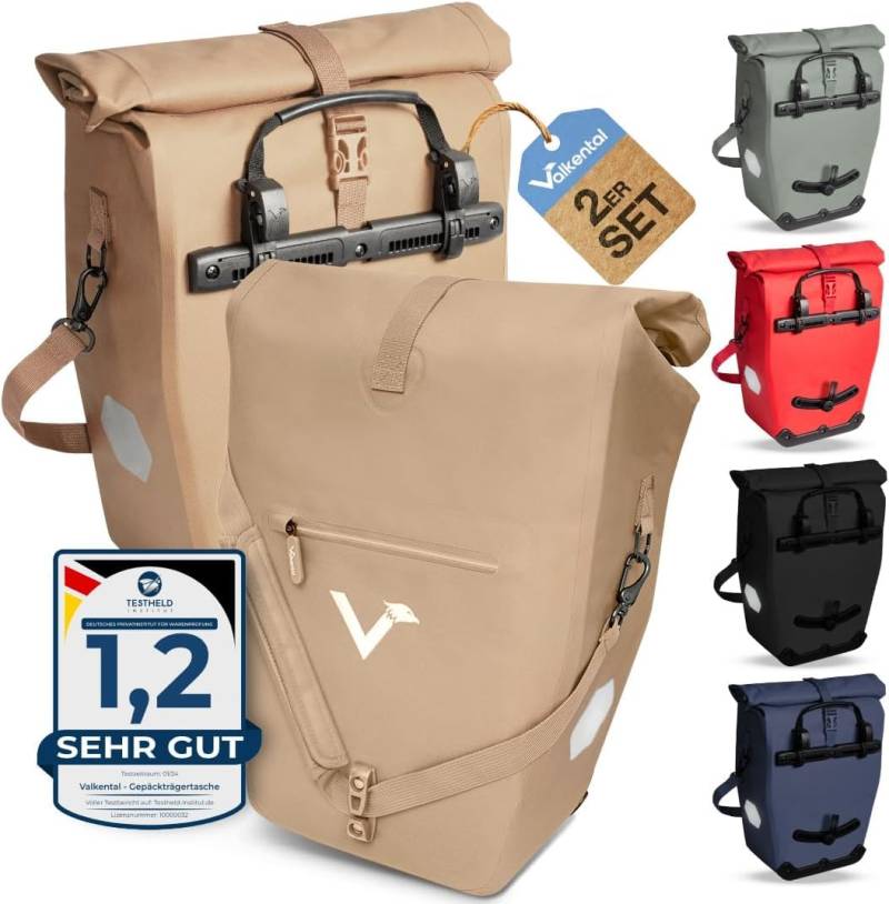 Valkental - 2in1 Fahrradtasche aus klimafreundlichem TPU - 2er Set - 100% Wasserdicht - Viele praktische Fächer - 23-28L Flexibles Volumen mit Laptopfach - Gepäckträgertasche Beige von Valkental