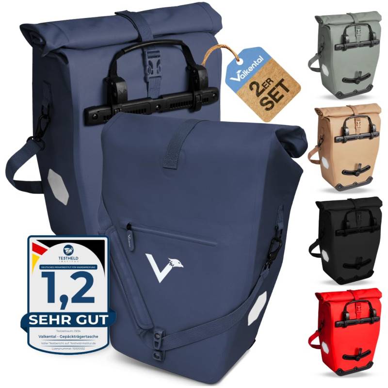 Valkental - 2in1 Fahrradtasche aus klimafreundlichem TPU - 2er Set - 100% Wasserdicht - Viele praktische Fächer - 23-28L Flexibles Volumen mit Laptopfach - Gepäckträgertasche Blau von Valkental