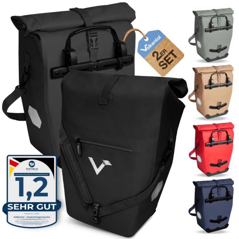 Valkental - 2in1 Fahrradtasche aus klimafreundlichem TPU - 2er Set - 100% Wasserdicht - Viele praktische Fächer - 23-28L Flexibles Volumen mit Laptopfach - Gepäckträgertasche Schwarz von Valkental