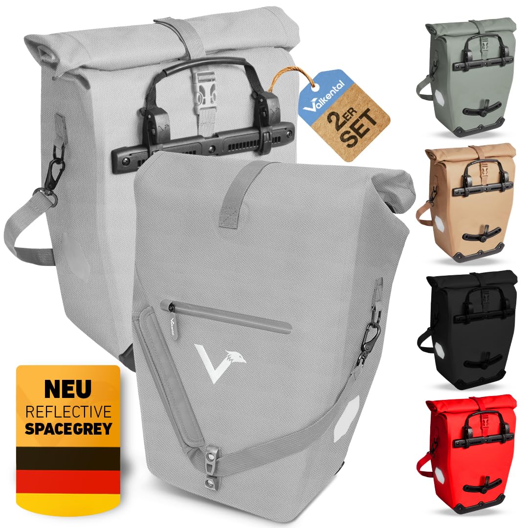 Valkental - 2in1 Fahrradtasche aus klimafreundlichem TPU - 2er Set - 100% Wasserdicht - Viele praktische Fächer - 23-28L Flexibles Volumen mit Laptopfach - Gepäckträgertasche Space Grey von Valkental