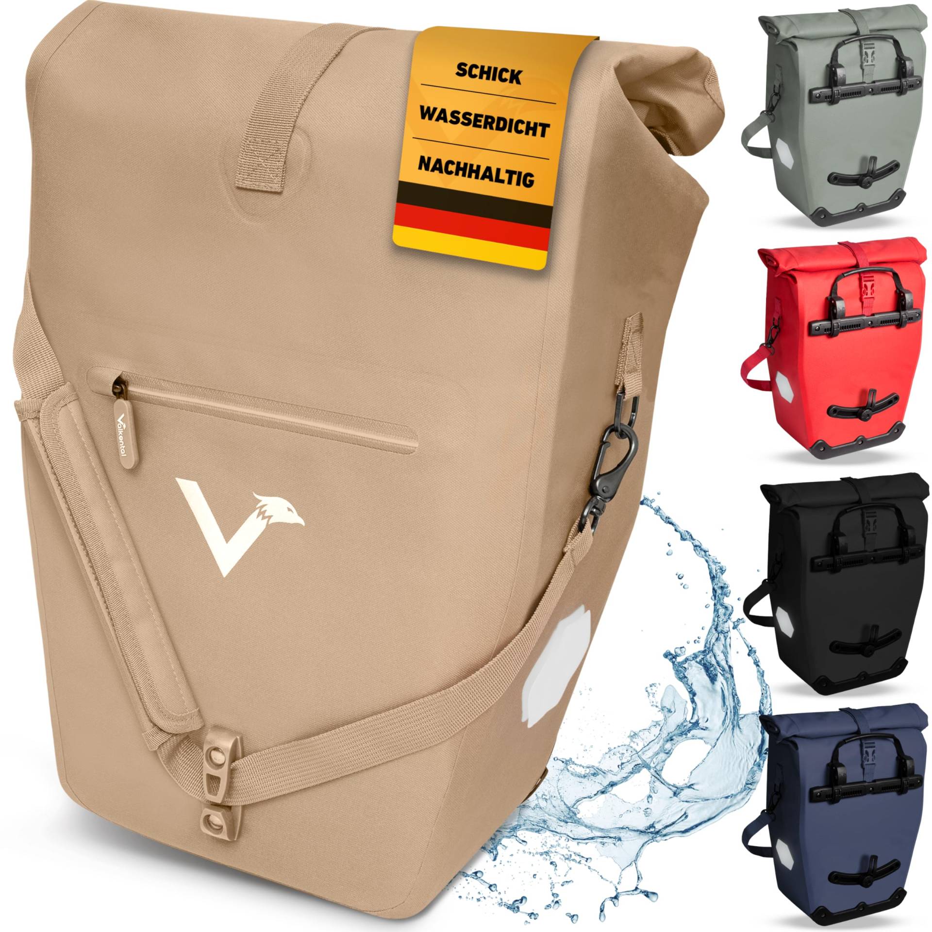 Valkental - 2in1 Fahrradtasche aus recyceltem Plastik - 100% Wasserdicht - Viele praktische Fächer - 23-28L flexibles Volumen mit Laptopfach - Gepäckträgertasche in Beige von Valkental