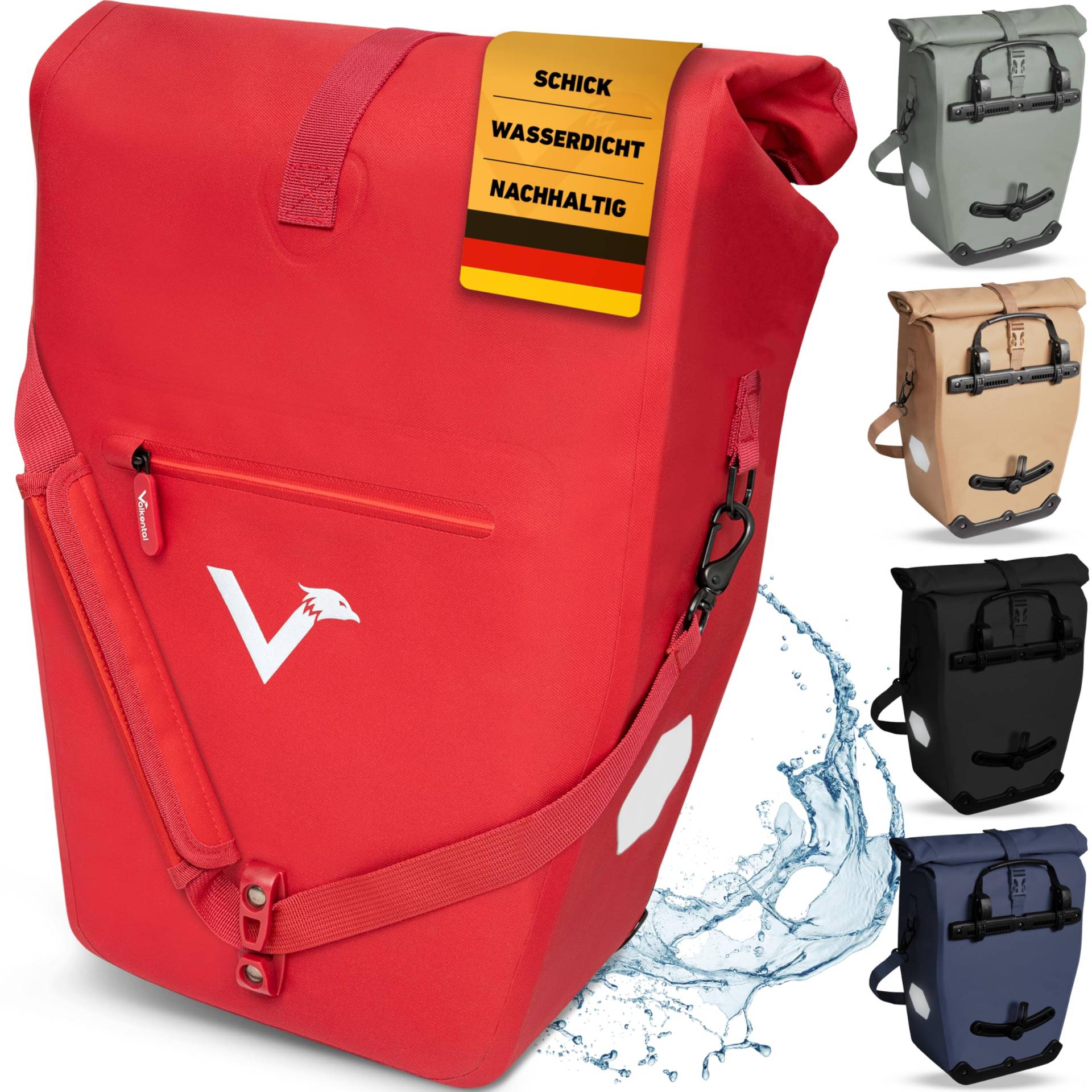 Valkental - 2in1 Fahrradtasche aus recyceltem Plastik - 100% Wasserdicht - Viele praktische Fächer - 23-28L flexibles Volumen mit Laptopfach - Gepäckträgertasche in Rot von Valkental