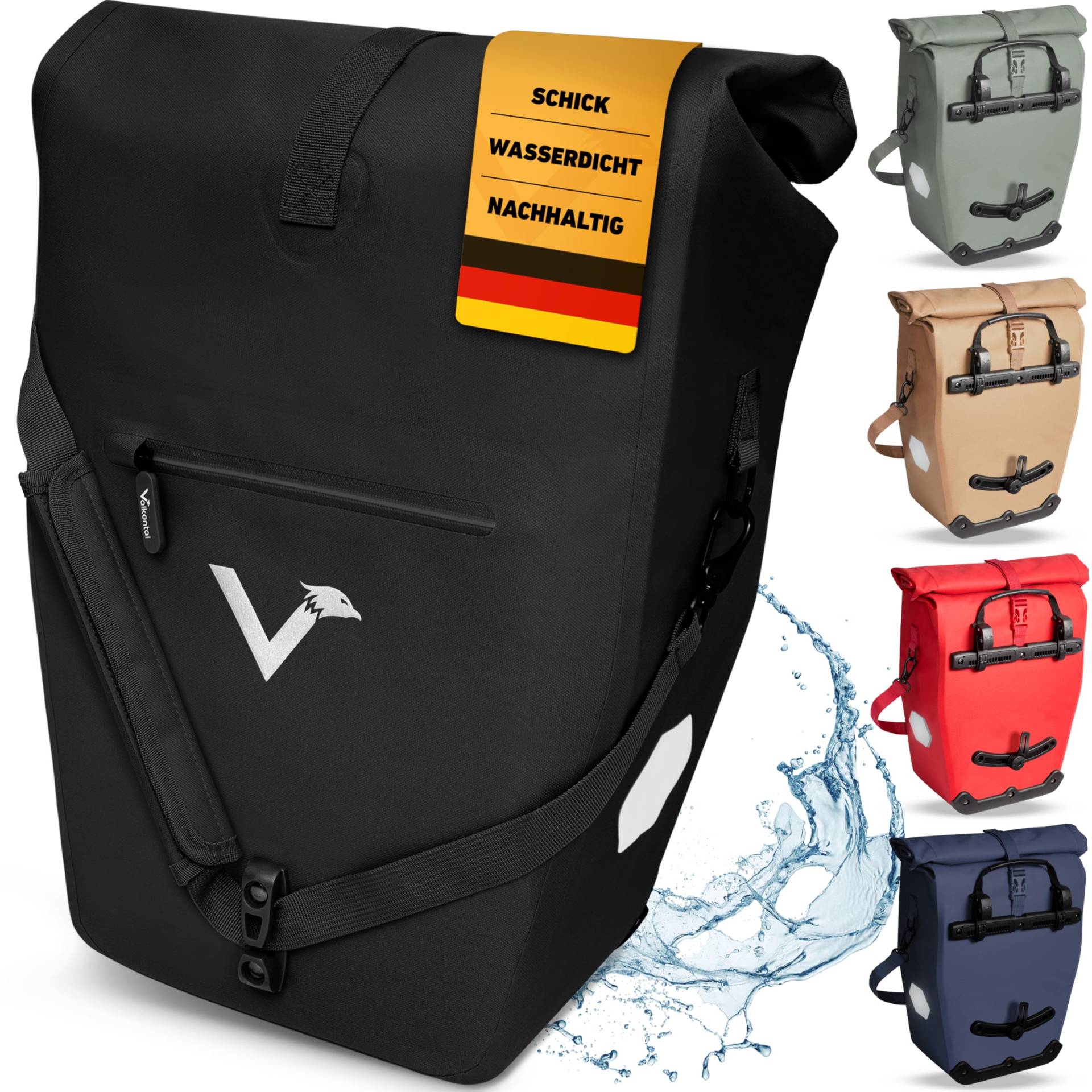 Valkental - 2in1 Fahrradtasche aus recyceltem Plastik - 100% Wasserdicht - Viele praktische Fächer - 23-28L flexibles Volumen mit Laptopfach - Gepäckträgertasche in Schwarz von Valkental