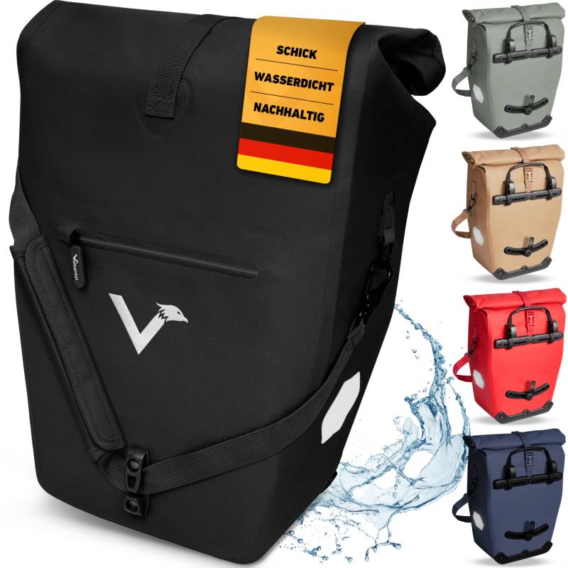 Valkental - 2in1 Fahrradtasche aus klimafreundlichem TPU - 100% Wasserdicht - Viele praktische Fächer - 23-28L Flexibles Volumen mit Laptopfach - Gepäckträgertasche in Schwarz von Valkental