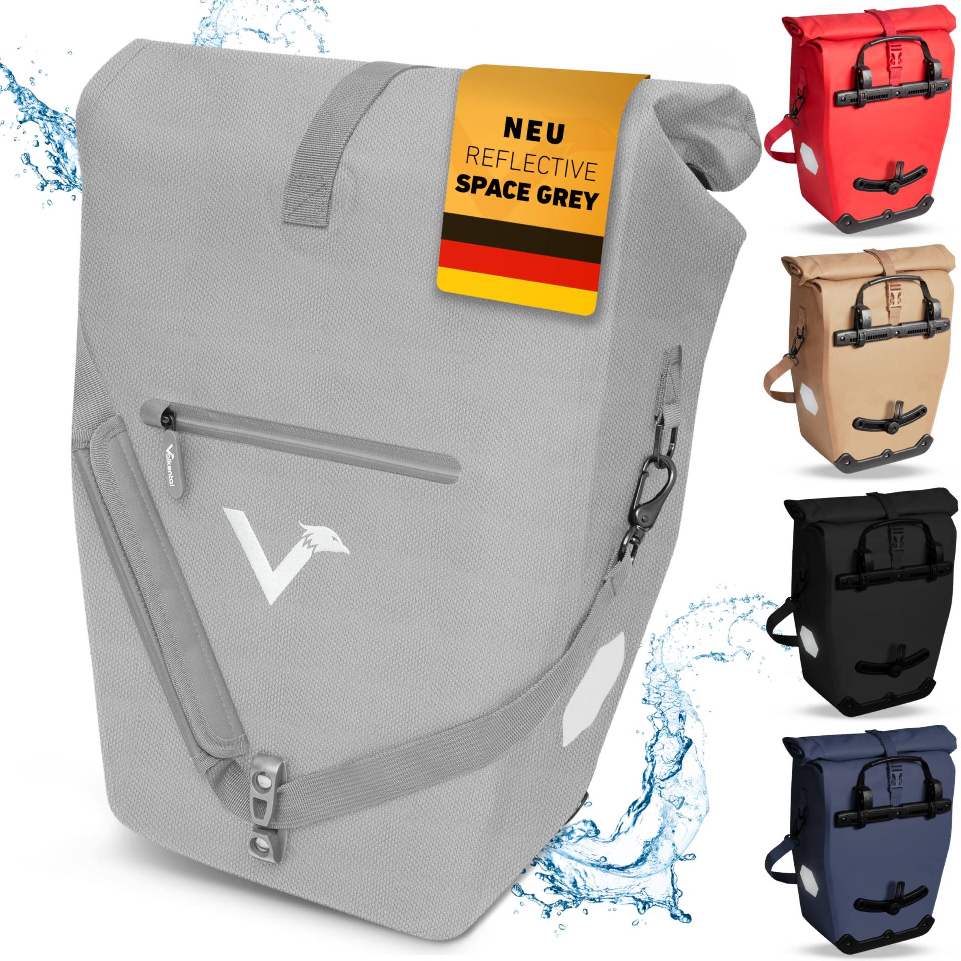 Valkental - 2in1 Reflektierende Fahrradtasche - 100% Wasserdicht & Robust - Viele praktische Fächer - 23-28L Flexibles Volumen mit Laptopfach - Gepäckträgertasche von Valkental