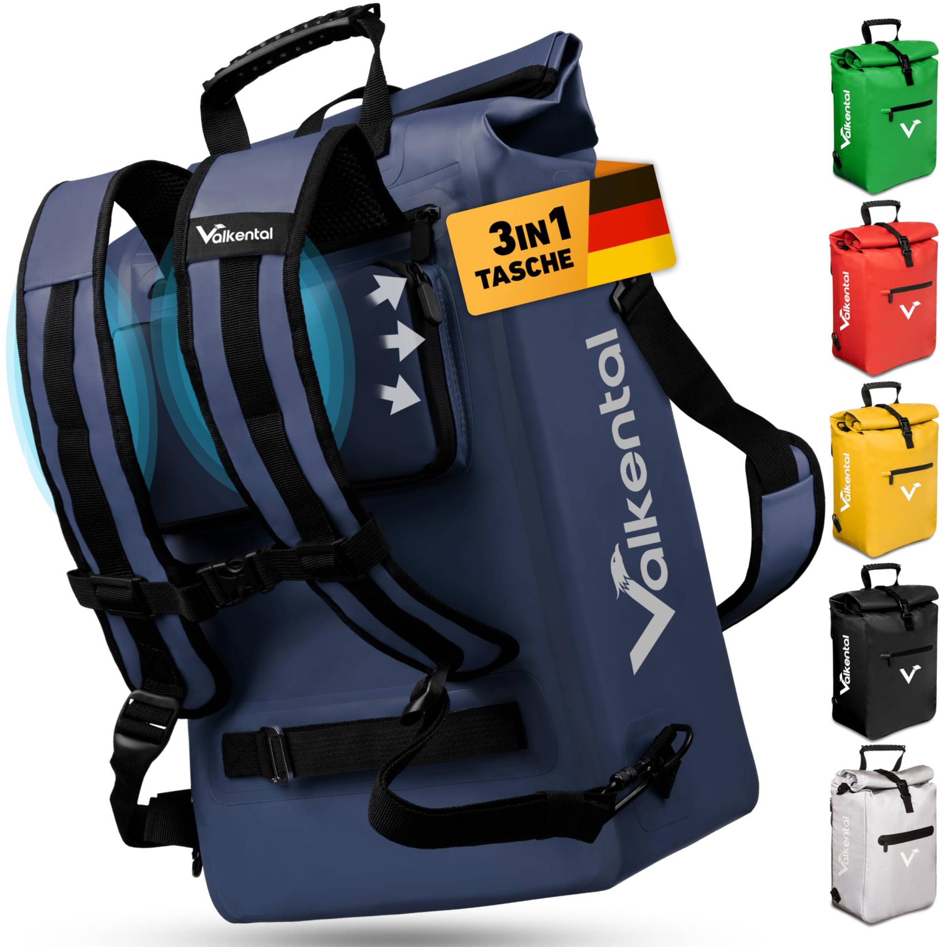 Valkental® 3in1 Fahrradtasche - Das Original - Geeignet als Gepäckträgertasche, Rucksack und Umhängetasche - Wasserdicht & Reflektierend von Valkental