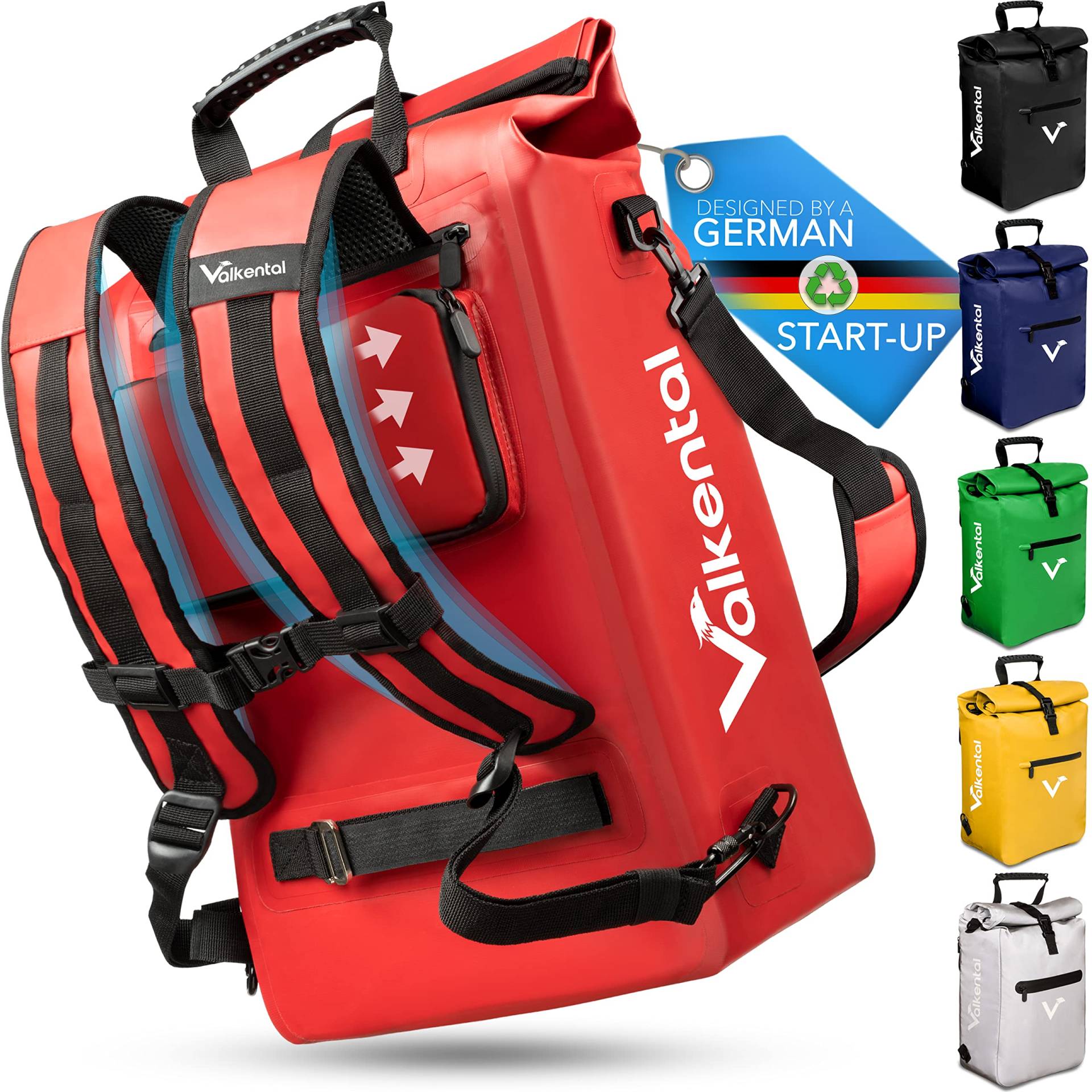 Valkental - 3in1 Fahrradtasche - NEUAUFLAGE 2024 - Geeignet als Gepäckträgertasche, Rucksack und Umhängetasche - Wasserdicht & Reflektierend - 23L - Rot von Valkental