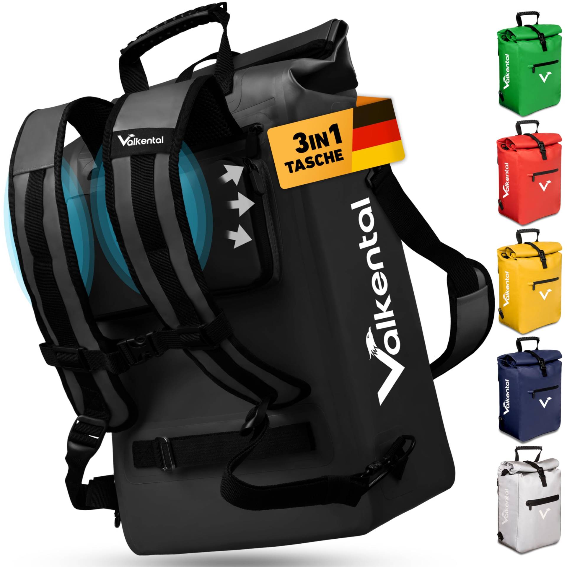 Valkental - 3in1 Fahrradtasche - NEUAUFLAGE 2024 - Geeignet als Gepäckträgertasche, Rucksack und Umhängetasche - Wasserdicht & Reflektierend - 23L - Schwarz von Valkental