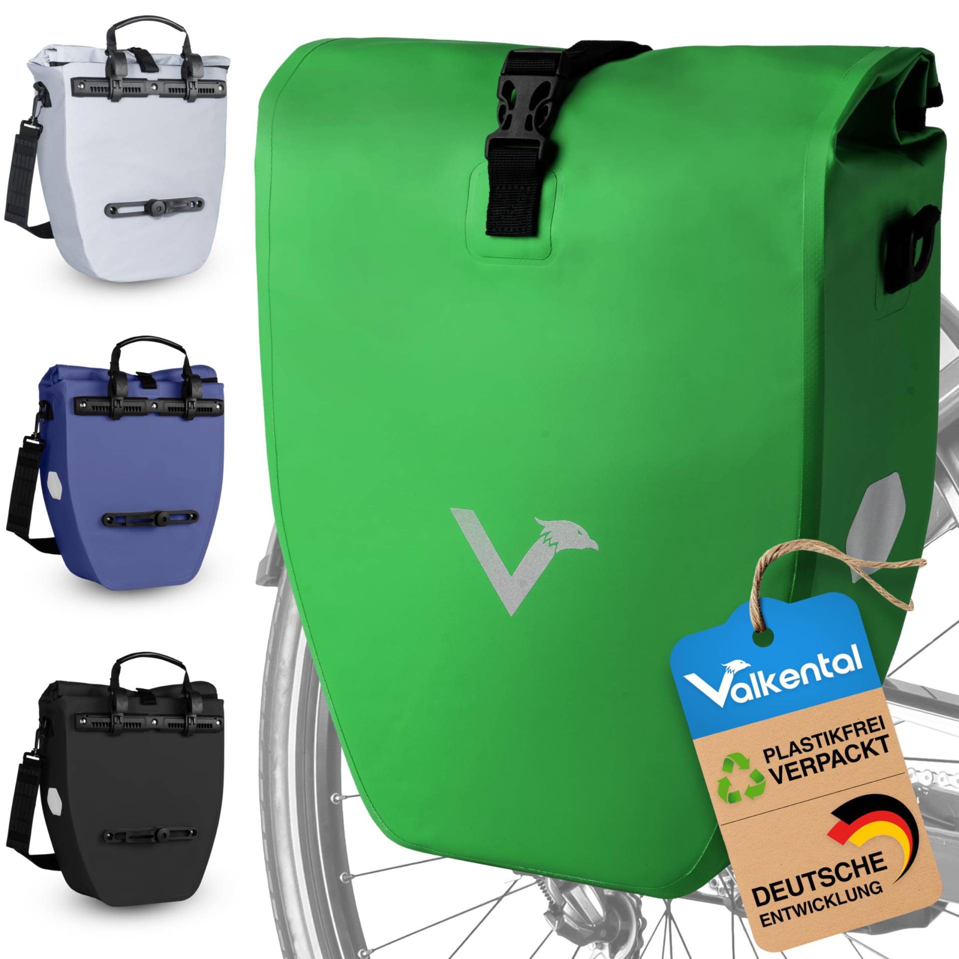 Valkental - Große & wasserdichte Gepäckträgertasche - 20L Füllvolumen - Fahrradtasche für Gepäckträger mit Reflektoren in Grün von Valkental