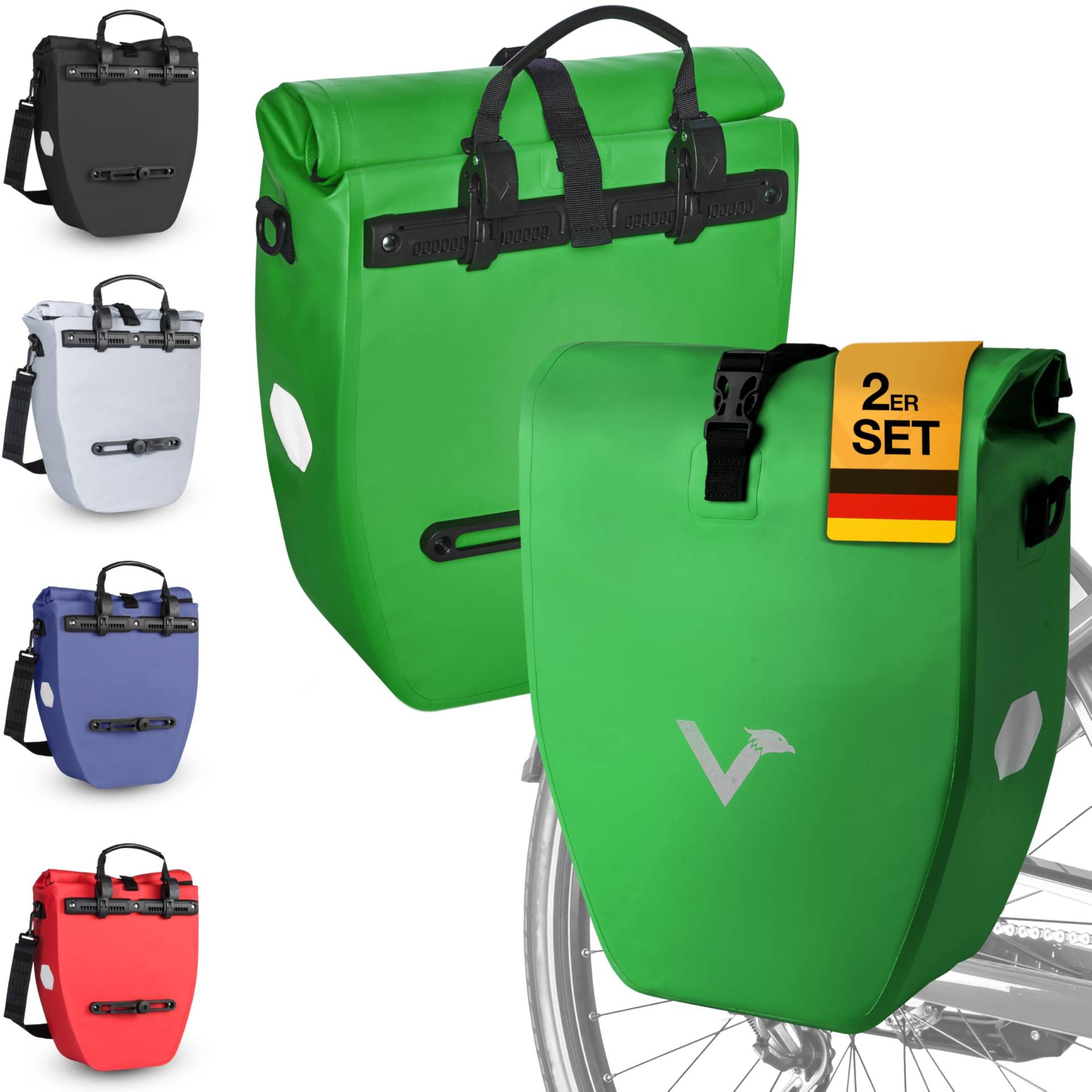 Valkental - Große & wasserdichte Gepäckträgertasche - 20L Füllvolumen - Fahrradtasche für Gepäckträger mit Reflektoren in Grün von Valkental