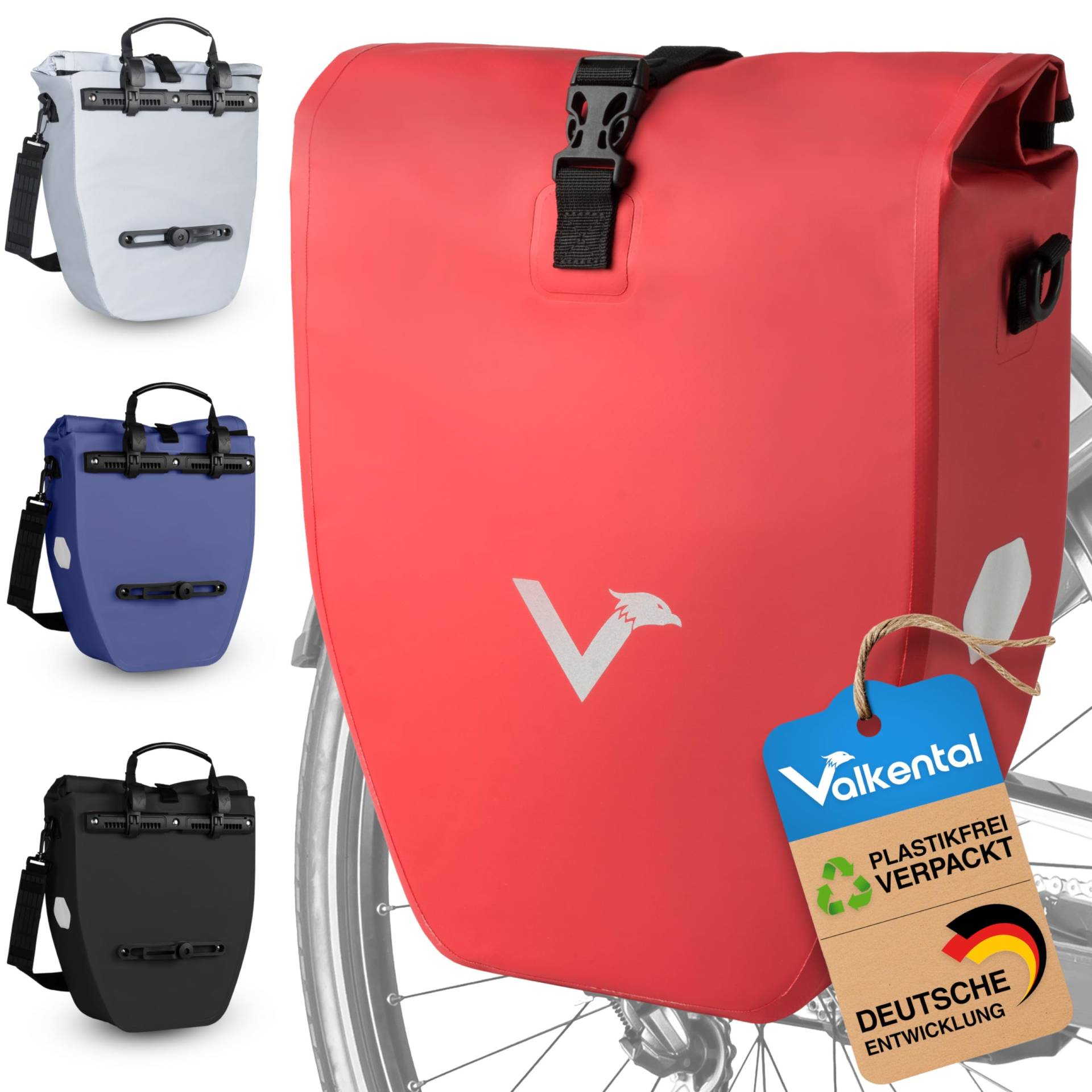 Valkental - Große & wasserdichte Gepäckträgertasche - 20L Füllvolumen - Fahrradtasche für Gepäckträger mit Reflektoren in Rot von Valkental