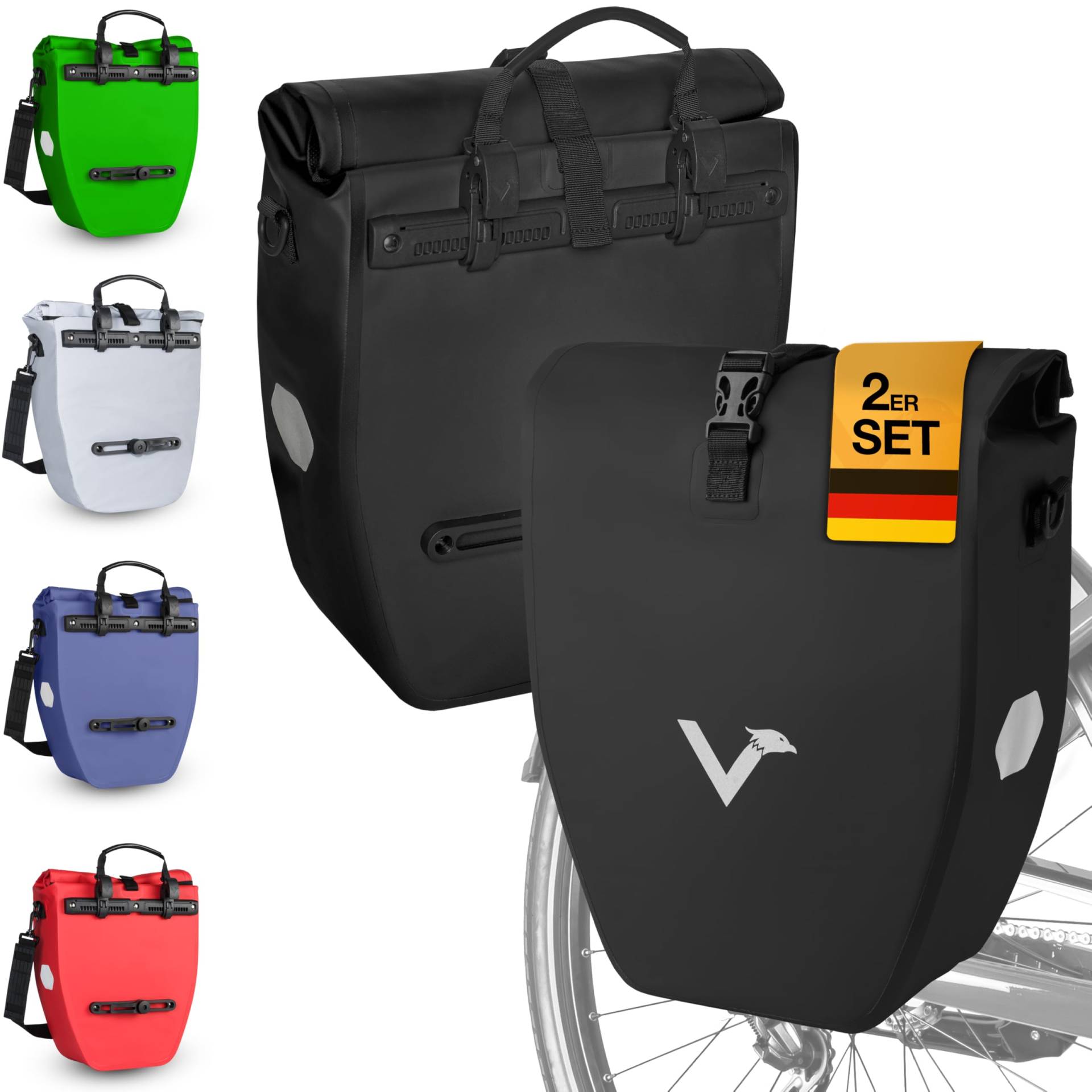 Valkental - Große & wasserdichte Gepäckträgertasche - 20L Füllvolumen - Fahrradtasche für Gepäckträger mit Reflektoren in Schwarz von Valkental