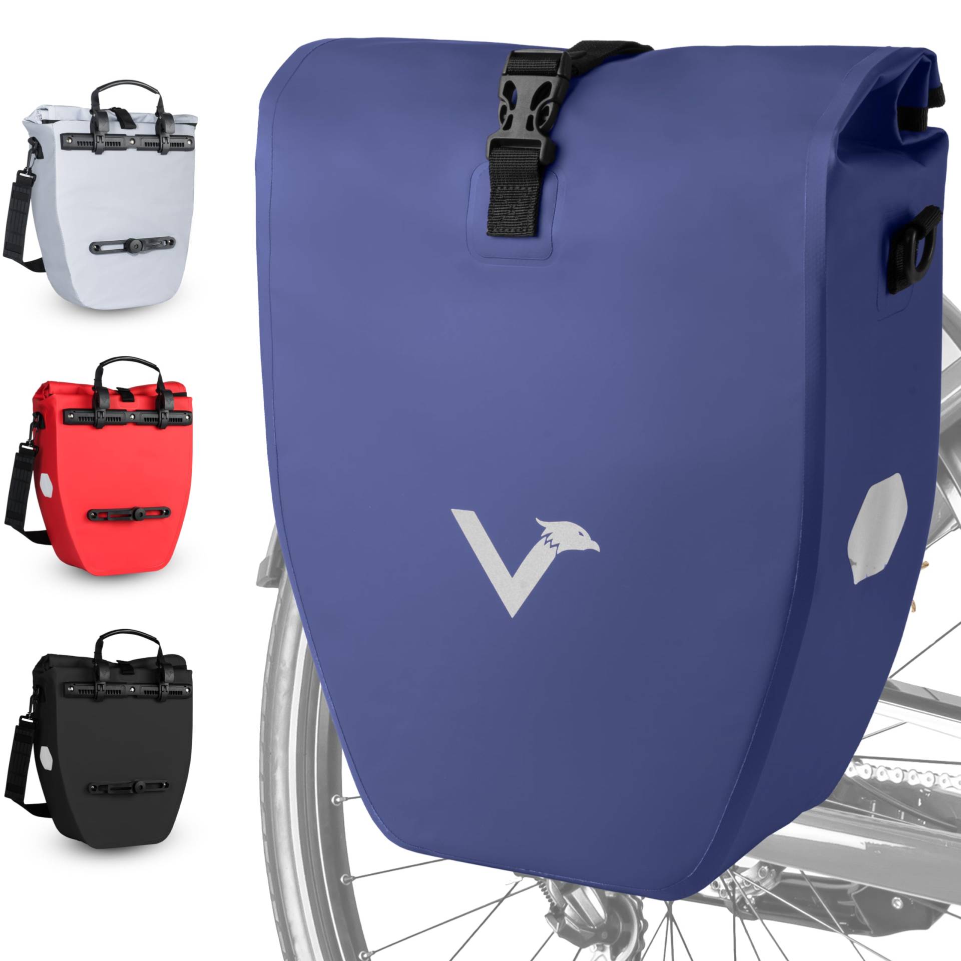 Valkental - Große & wasserdichte Gepäckträgertasche - 20L Füllvolumen - Fahrradtasche für Gepäckträger mit Reflektoren in Blau von Valkental