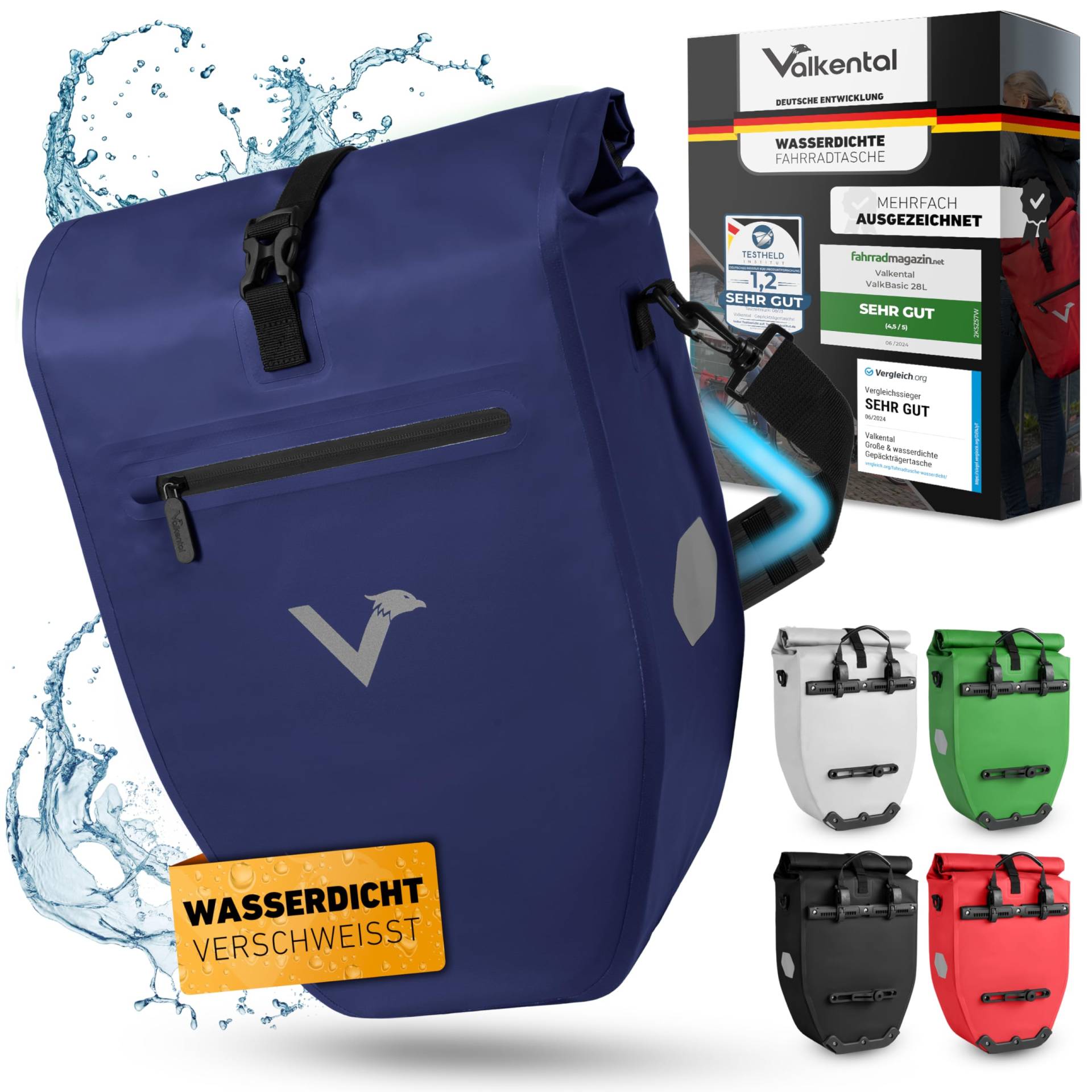 Valkental - Große & wasserdichte Gepäckträgertasche - 28L Füllvolumen - Fahrradtasche für Gepäckträger mit Reflektoren in Blau von Valkental