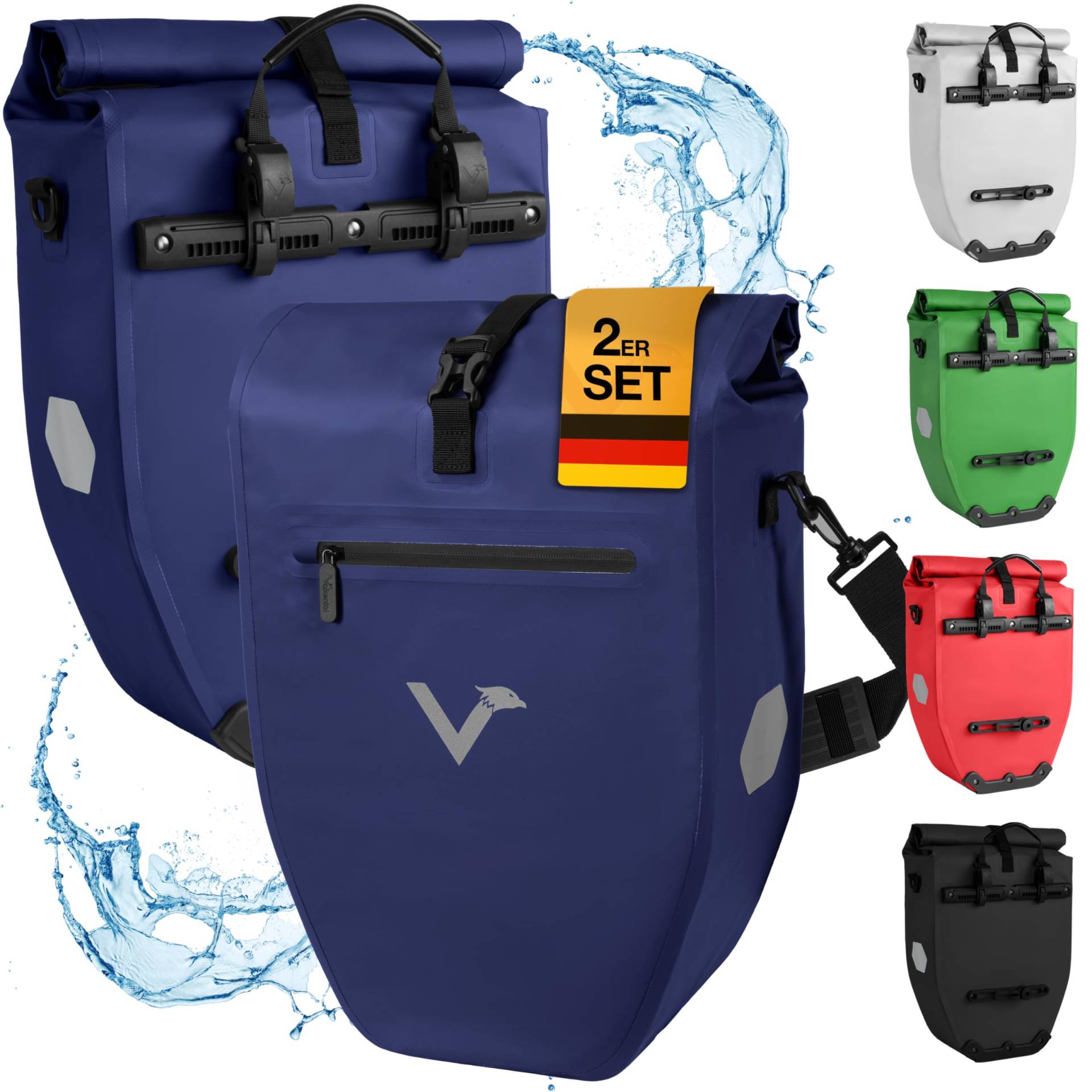 Valkental - Große & wasserdichte Gepäckträgertasche - 28L Füllvolumen - Fahrradtasche für Gepäckträger mit Reflektoren in Blau von Valkental