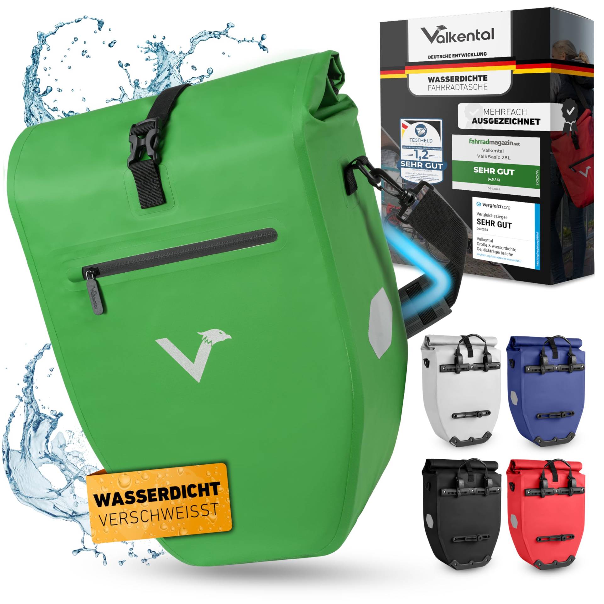 Valkental - Große & wasserdichte Gepäckträgertasche - 28L Füllvolumen - Fahrradtasche für Gepäckträger mit Reflektoren in Grün von Valkental