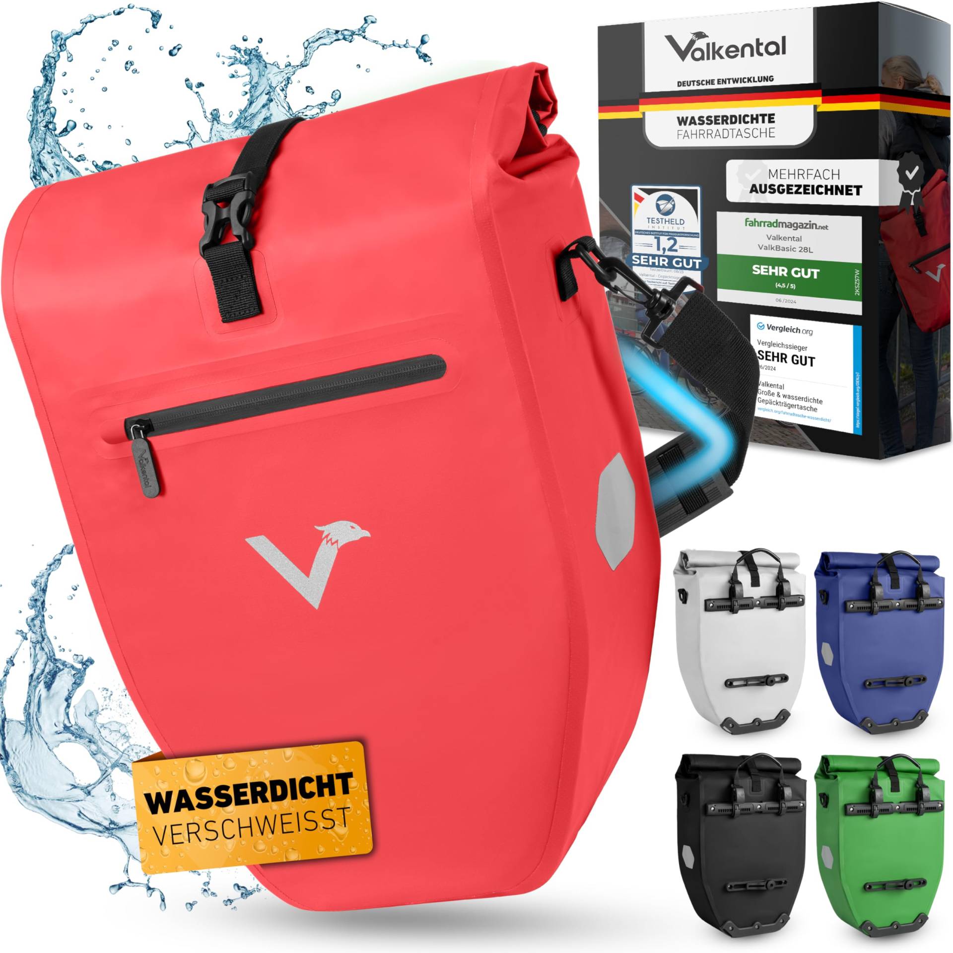 Valkental - Große & wasserdichte Gepäckträgertasche - 28L Füllvolumen - Fahrradtasche für Gepäckträger mit Reflektoren in Rot von Valkental