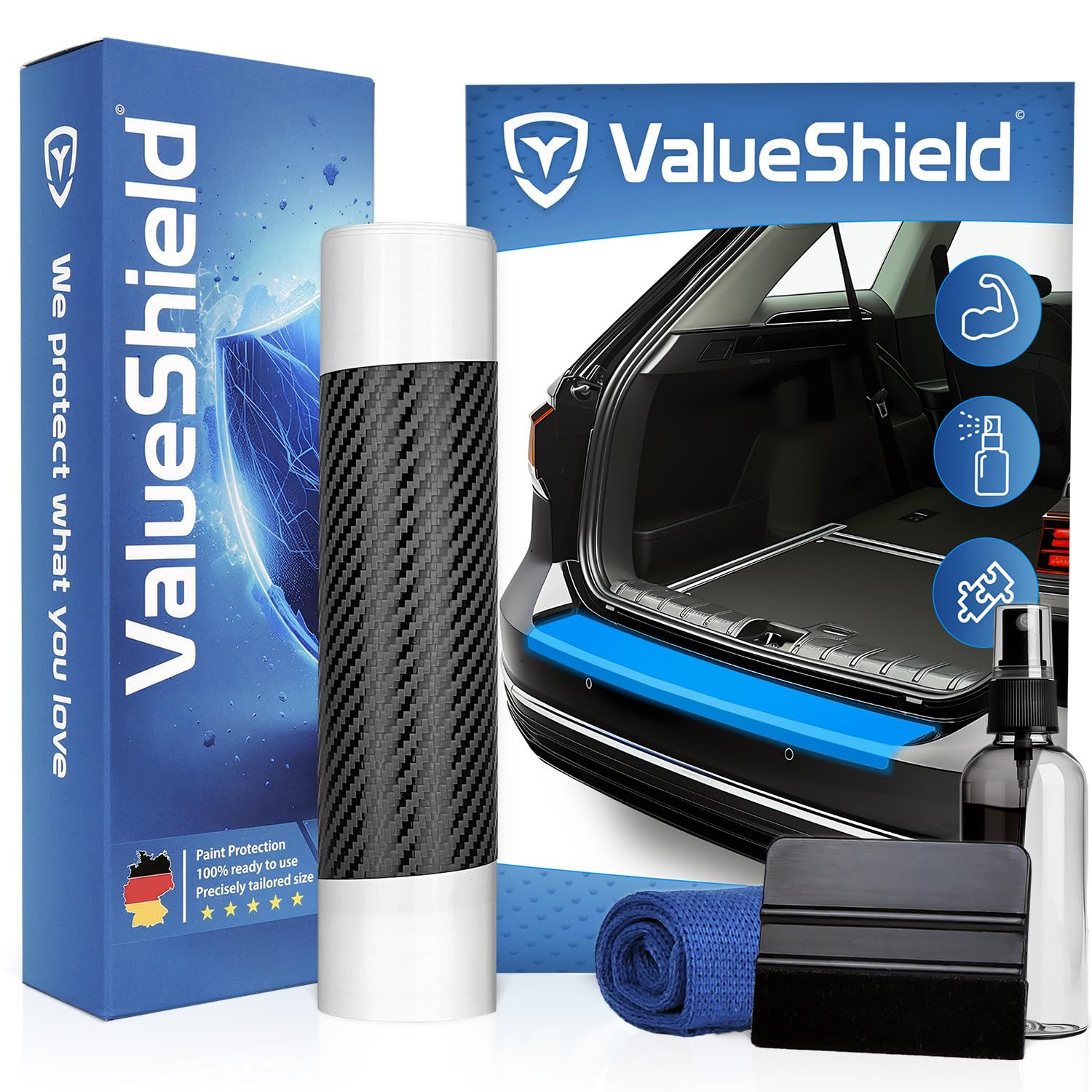 ValueShield Ladekantenschutz passend für VW Golf Sportsvan AUV 2014-2020 (5-Türer, Kompakt): Hochleistungsfolie, Lackschutzfolie & Kratzschutz für Kofferraum, Stoßstange, Schweller | Carbon-Design von ValueShield