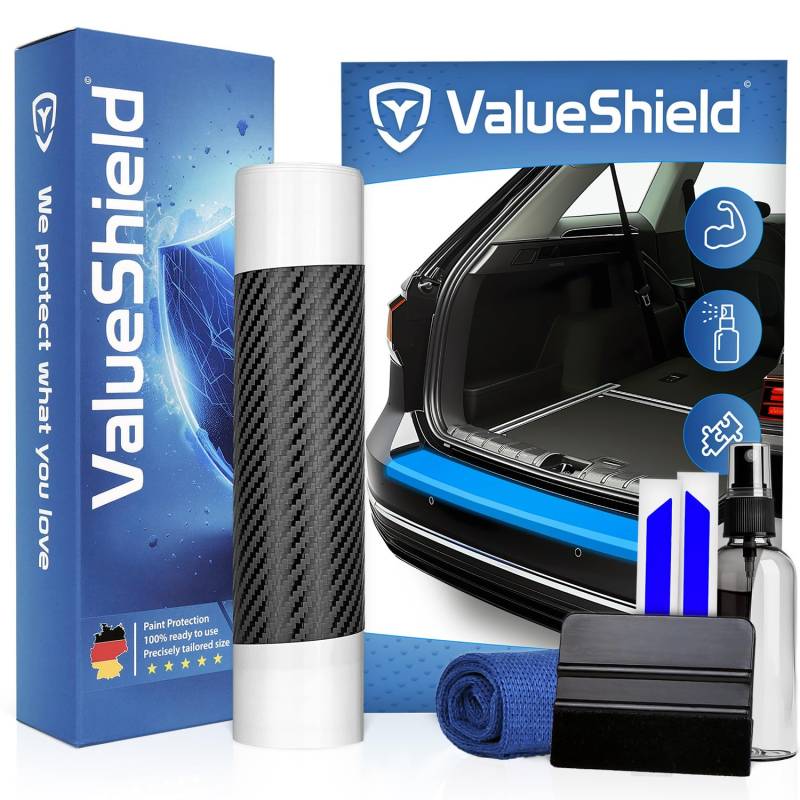 ValueShield Ladekantenschutz passend für VW ID Buzz 2022-2027 (3-Türer, Transporter): Hochleistungsfolie, Lackschutzfolie & Kratzschutz für Kofferraum, Stoßstange, Schweller | Carbon+Blau von ValueShield