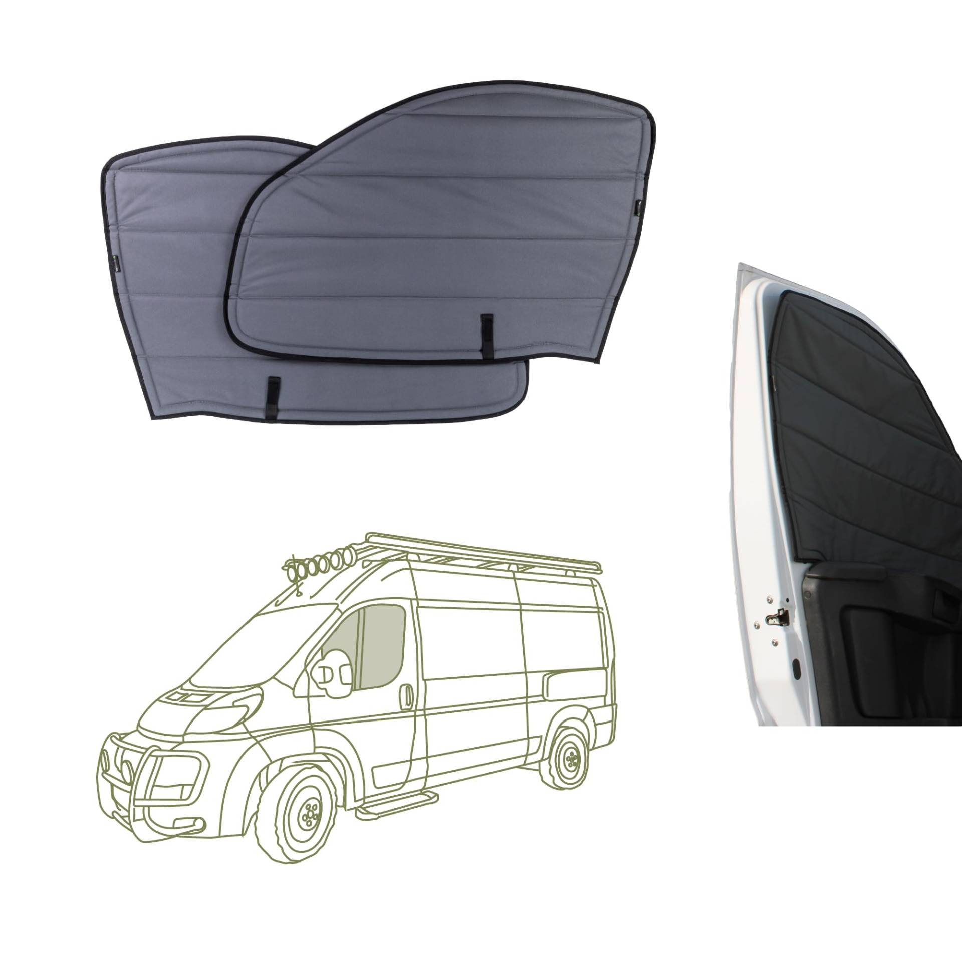 VanEssential Insulated Blackout-Fensterabdeckungen für die Vordertür, entworfen für RAM Promaster Vans der Baujahre 2014 bis zum aktuellen Modell (Paar) – Anthrazit von VanEssential