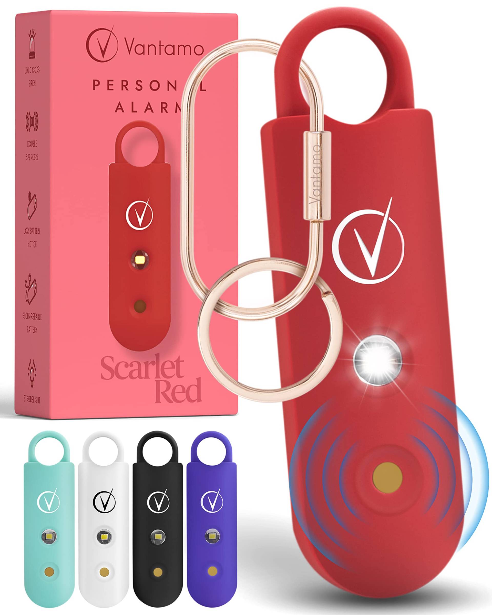 Vantamo Persönlicher Alarm für Frauen – Extra Laute Doppel-Lautsprecher, zuerst mit niedrigem Batteriestand mit Stroboskoplicht, wiederaufladbar – Sicherheitsalarm, Schlüsselanhänger (Red) von Vantamo