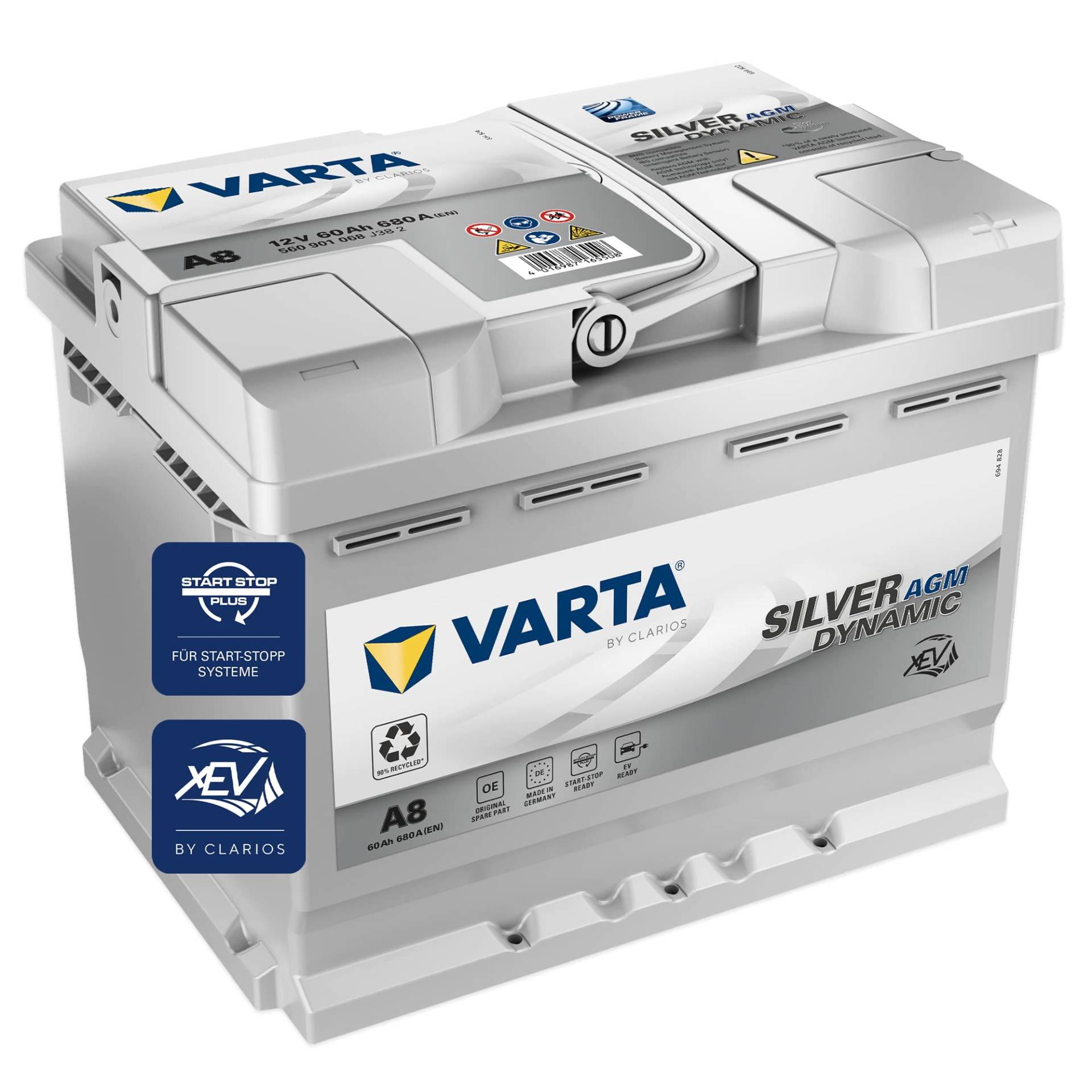 VARTA Silver Dynamic AGM Batterie A8 – Start-Stop und xEV Autobatterie 12V 60Ah 680A – Starterbatterie für Autos mit hohem Energiebedarf von Varta