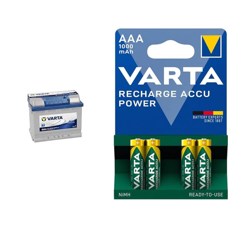 Varta D24 Blue Dynamic Starterbatterie für Passenger Car & Batterien AAA, wiederaufladbar, 4 Stück, Recharge Accu Power, Akku, 1000 mAh NI-MH, ohne Memory Effekt, vorgeladen, sofort einsatzbereit von Varta