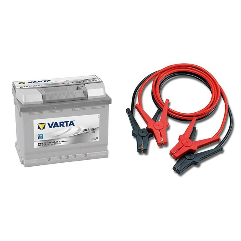 Varta Silver Dynamic 563 400 061 Autobatterien, D15, 12 V, 63 Ah, 610 A & AEG Automotive 97203 Starthilfekabel SK 16 "Alu-Tec", für 12 Volt und 24 Volt, in Aufbewahrungstasche, 2 x 3m, DIN 72553 von Varta