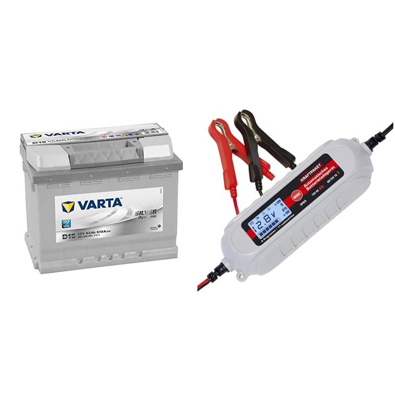 Varta Silver Dynamic 563 400 061 Autobatterien, D15, 12 V, 63 Ah, 610 A & Dino KRAFTPAKET 136311 4A-6V/12V Batterieladegerät mit Batterietester IP65 für KFZ Auto Motorrard Quad ATV Boot von Varta