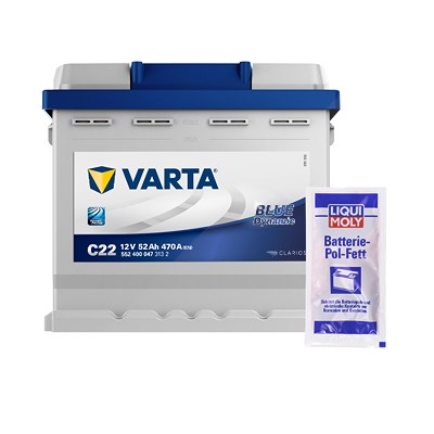 Varta Starterbatterie Blue 52Ah 470 A C22 + Pol-Fett 10g [Hersteller-Nr. 5524000473132] für Piaggio, Skoda, Subaru, Chevrolet, Alfa Romeo, Rover, Niss von Varta