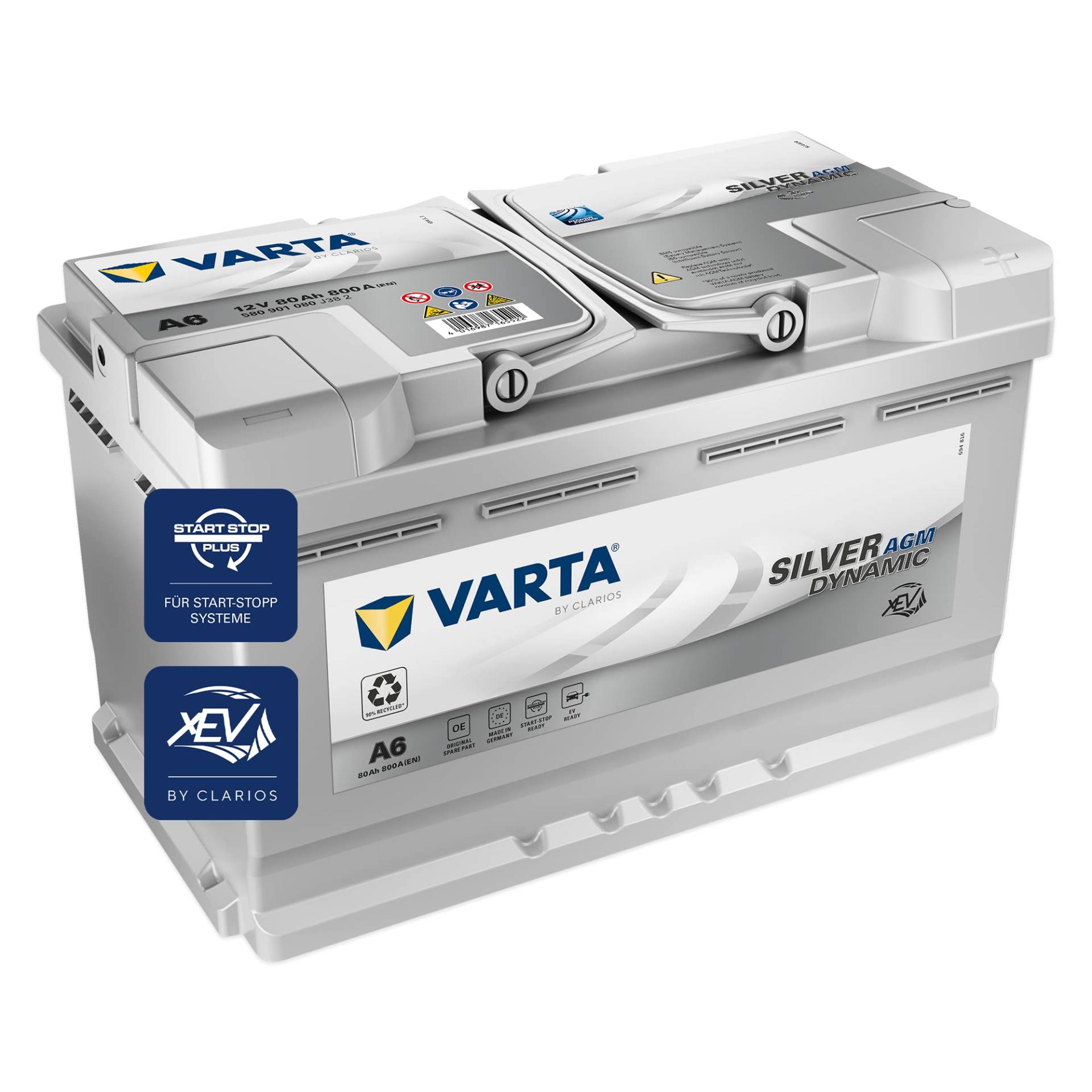VARTA Silver Dynamic AGM Batterie A6 – Start-Stop und xEV Autobatterie 12V 80Ah 800A – Starterbatterie für Autos mit hohem Energiebedarf von Varta