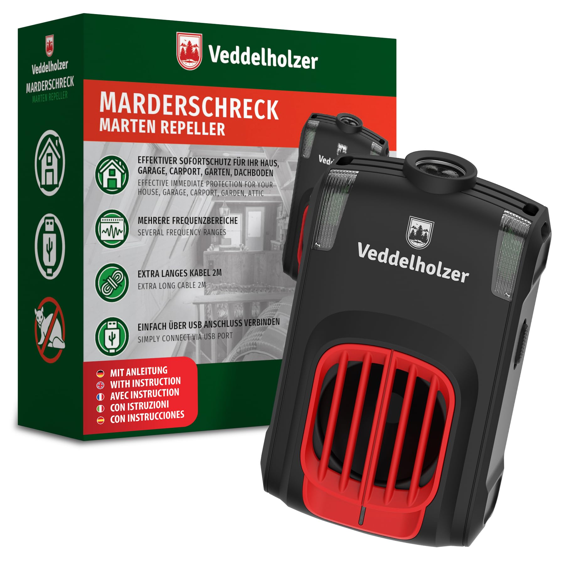 Veddelholzer Marderabwehr mit USB Stecker Ultraschall & LED Blitzlichter für 70m² Marderschreck für Dachboden, Haus, Garage, Carport, Keller, Gartenhütte UVM auf natürliche Weise Marder vertreiben von Veddelholzer