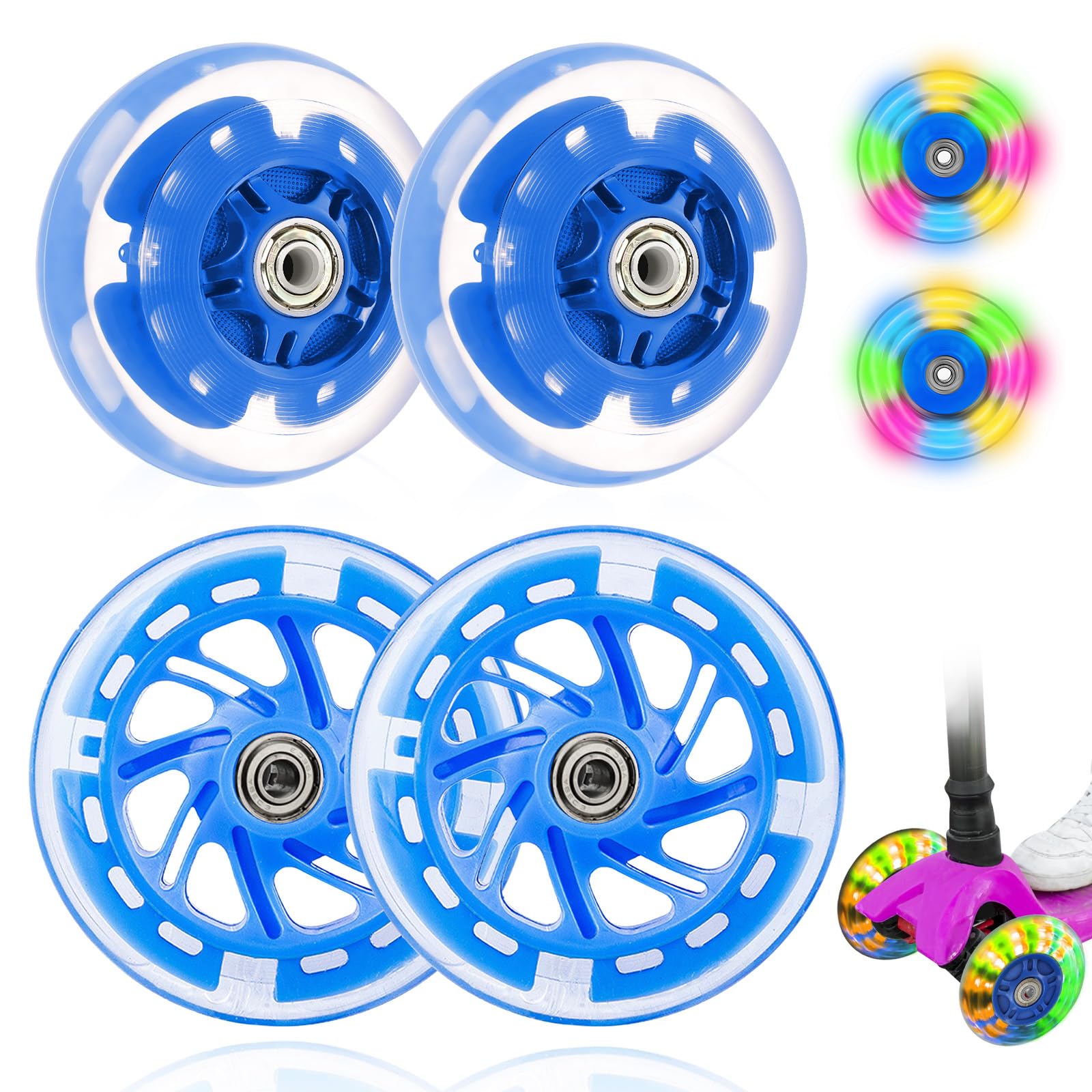 Leuchtende Scooter Räder, 2 Paar Led Scooter Rollen Räder, 80mm,120mm Scooter Ersatzräder, Stunt Scooter Räder LED-Lichtrollen mit ABEC-7 Kugellager, Rollerräder für Allerlei Scooter- Blau von Vegena