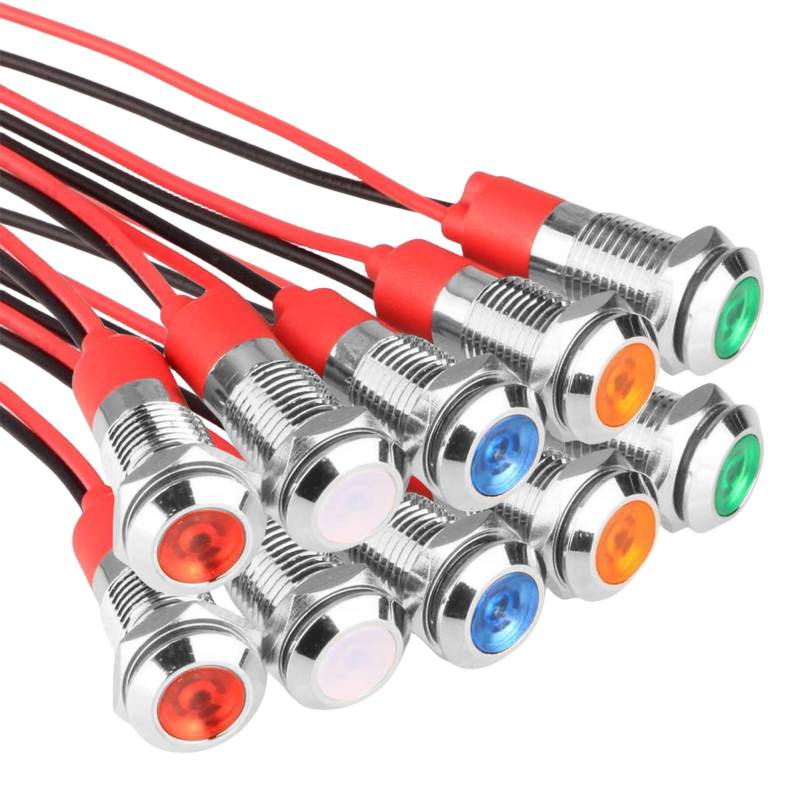 Vegena 6 mm LED Kontrollleuchte, 12V Signallampe Metall mit Draht, Wasserdichte Auto Signallampe Panel Installation Kontrollleuchte Plattenmontage Metalltafelleuchten(Rot×2grün×2blau×2gelb×2weiß×2) von Vegena