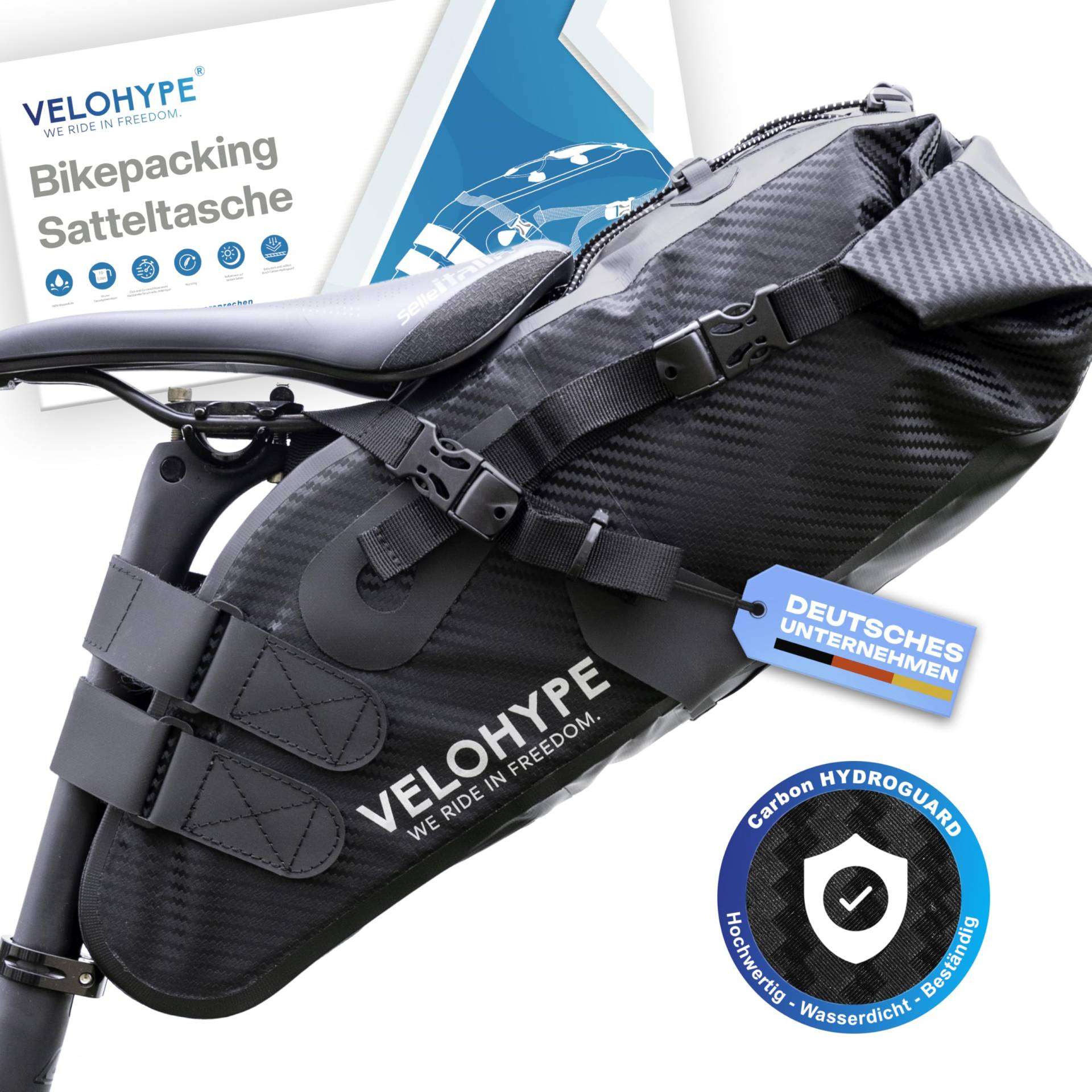 Velohype® Bikepacking Satteltasche | 10 Liter | 100% Wasserdicht | extrem Fester Halt | reissfestes Carbon-Hydroguard Material | für Gravelbike, Rennrad, MTB und Touren Fahrräder von Velohype