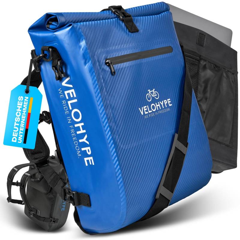 Velohype® 3in1 Fahrradtasche für Gepäckträger mit Rucksack Wasserdicht 25L I Gepäckträgertasche Reflektierend | mit Helmnetz | reißfestes Carbon-Hydroguard Material von Velohype