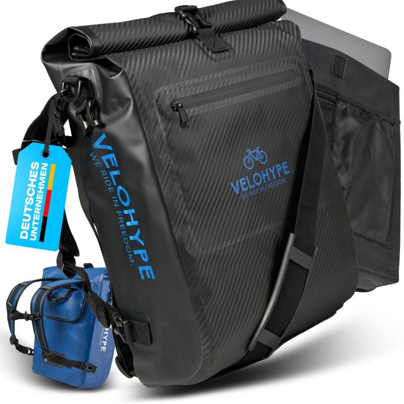 Velohype® 3in1 Fahrradtasche für Gepäckträger mit Rucksack Wasserdicht 25L I Gepäckträgertasche Reflektierend | mit Helmnetz | reißfestes Carbon-Hydroguard Material von Velohype