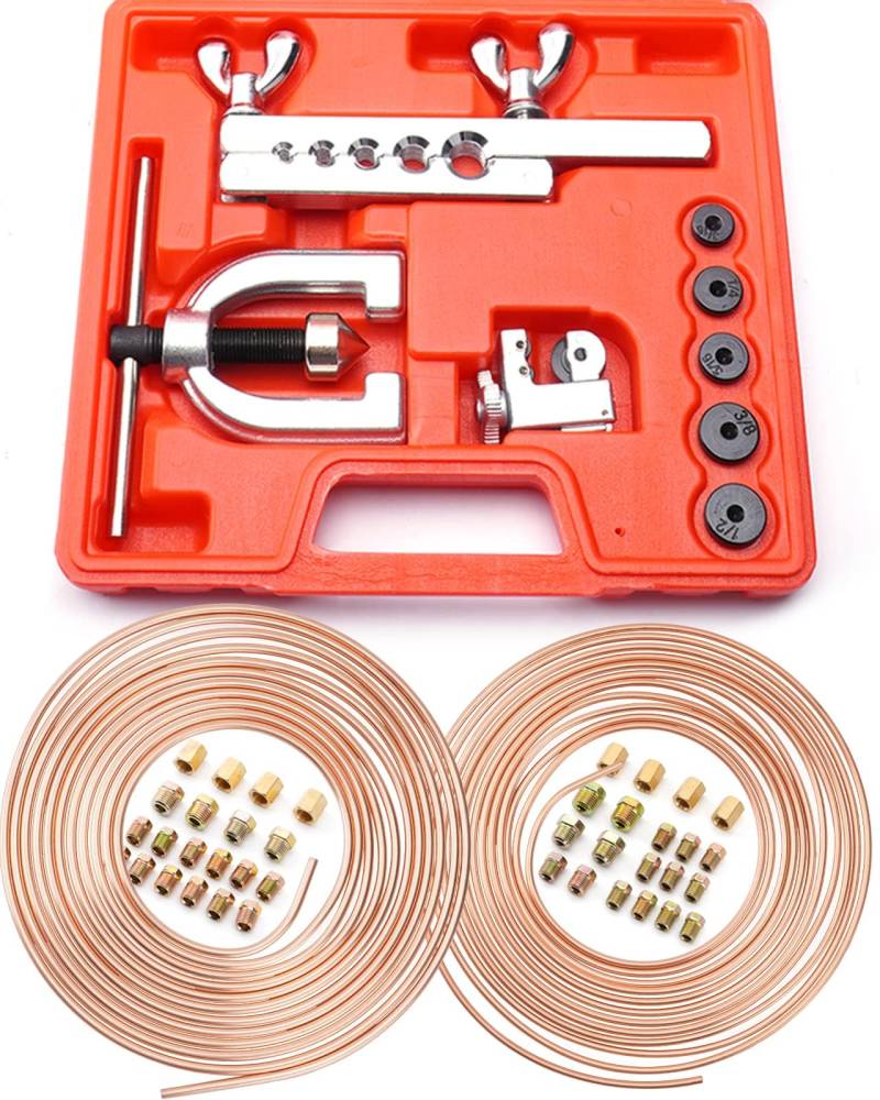 7,6m Bremsleitung Ø 4,75mm + Ø 6,35mm Stahl im Set (32 Verschraubungen+ 8 Verbinder), Doppelt und Einfach Bördelgerät für Bremsleitungen, Bördelwerkzeuge Bremsleitungskit von Venussar