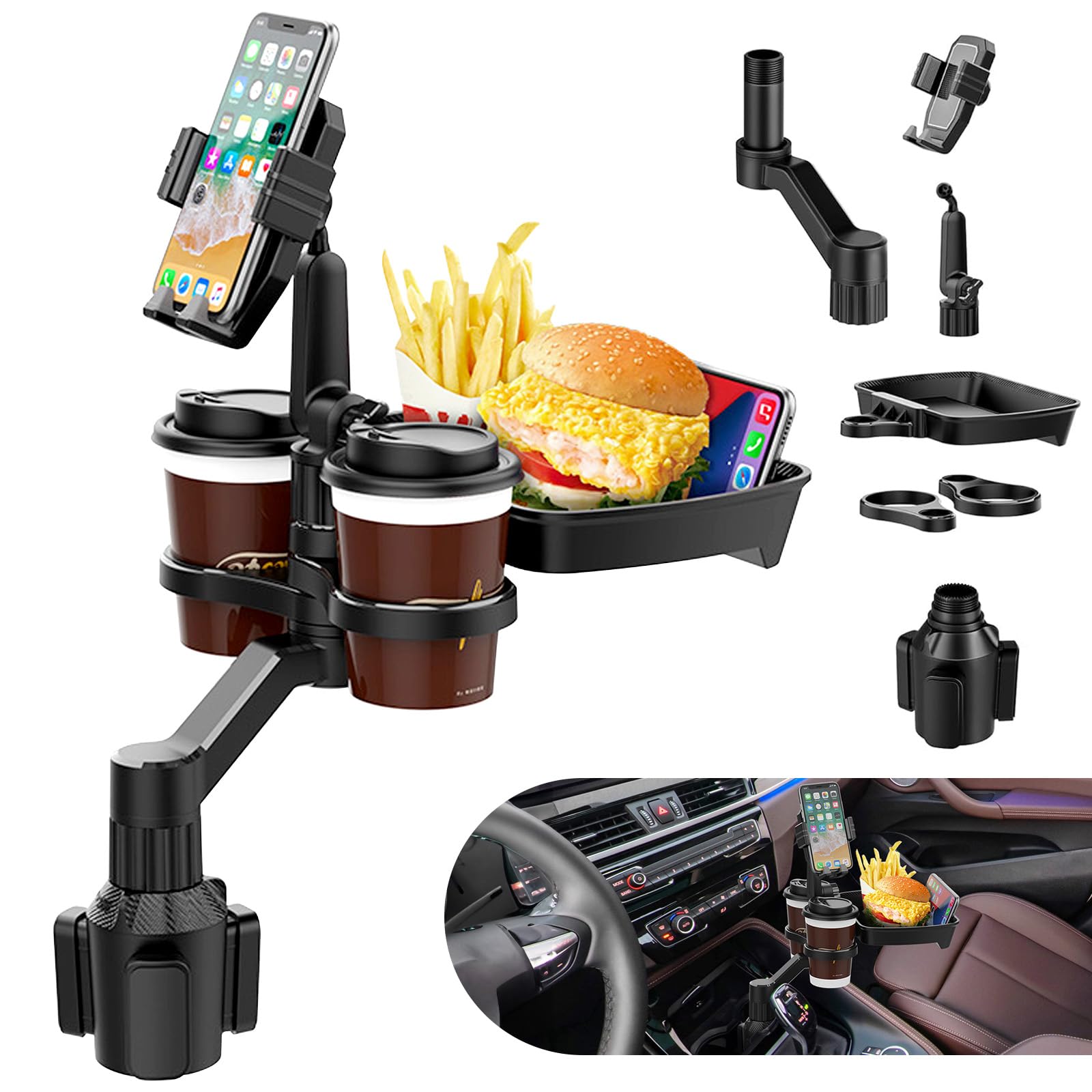 Getränkehalter Auto Tisch Tablett - Dual Cup Holder Expander mit 360° Verstellbarem Becherhalter und Telefonhalter, Ideal für Autos (4 in 1) von VexNook