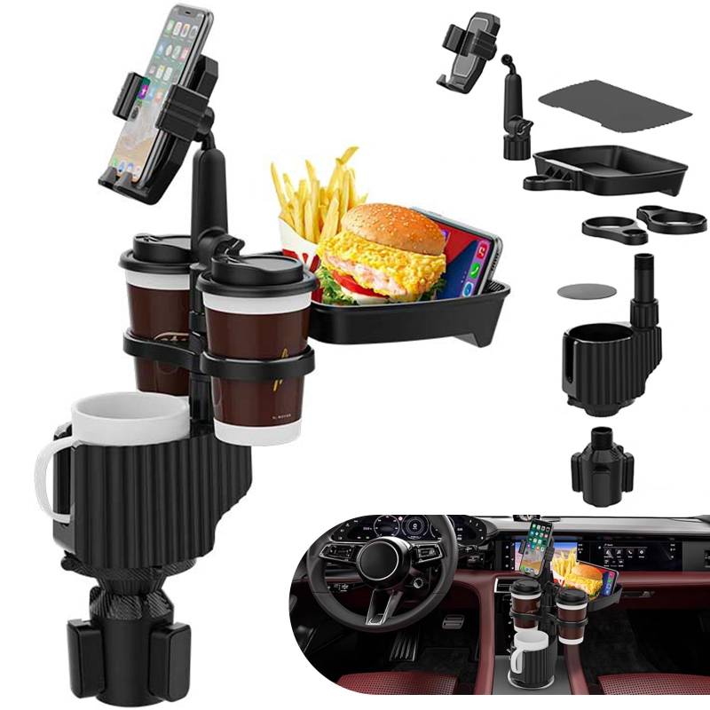 Getränkehalter Auto Tisch Tablett - Dual Cup Holder Expander mit 360° Verstellbarem Becherhalter und Telefonhalter, Ideal für Autos (5 in 1) von VexNook