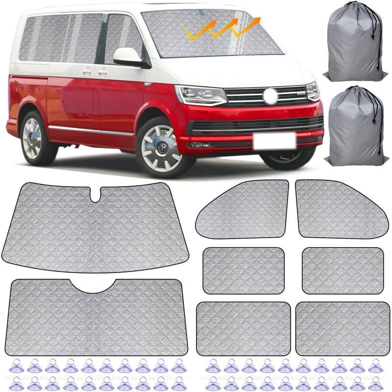 Interne Thermo-Rollo-Set – 8-teilig, kompatibel mit VW LWB T5/T6 Van, mehrlagiges, langlebiges Material, silberner reflektierender Effekt, einfache Lagerung von VexNook