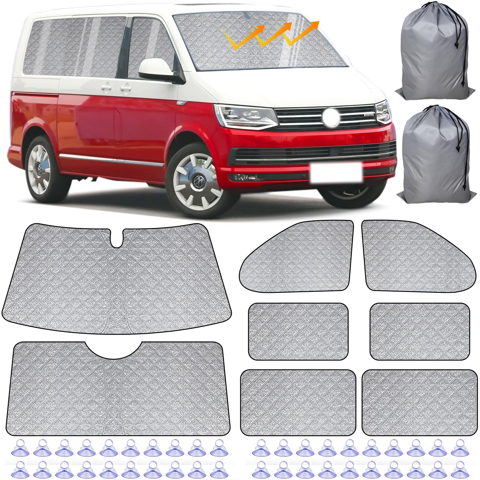 VexNook Interne Thermo-Rollo-Set – 8-teilig, kompatibel mit VW LWB T5/T6 Van Standard-Achsenmodell, mehrschichtiges, langlebiges Material, silberner reflektierender Effekt, einfache Lagerung von VexNook