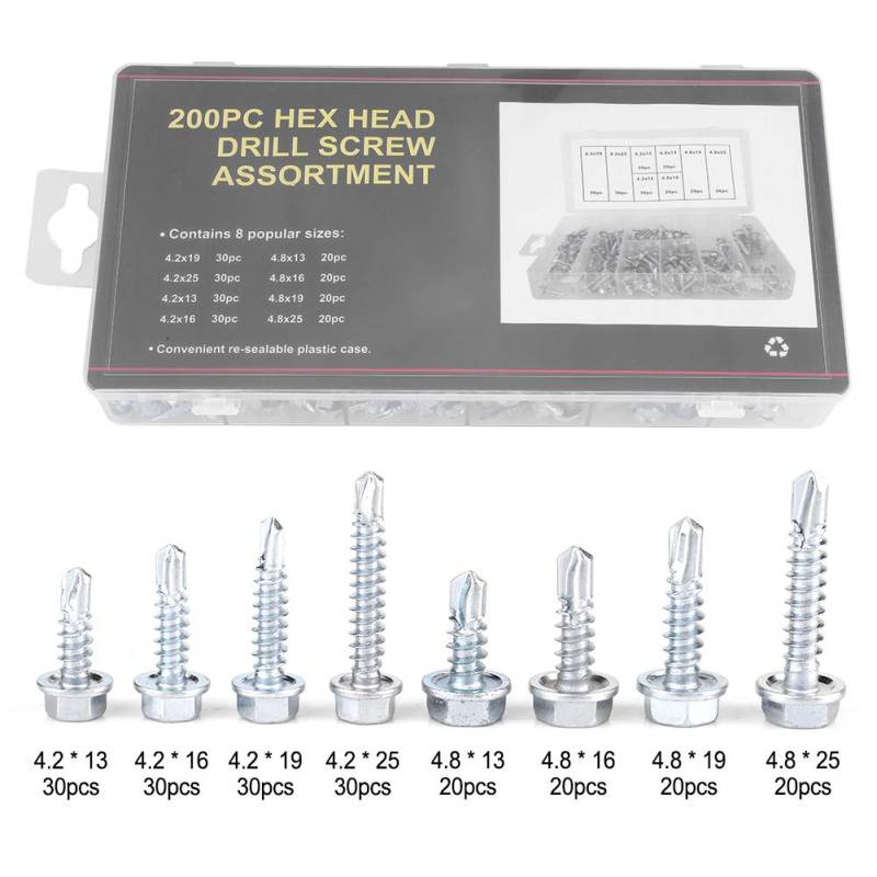 200 Stück Selbstbohrende Schrauben-Sortiment-Kit Sechskant-Scheibenkopf & Wafer-Kopf Langlebige Metall-Selbstbohrschrauben,Selbstschneidende Schrauben von ViaGasaFamido