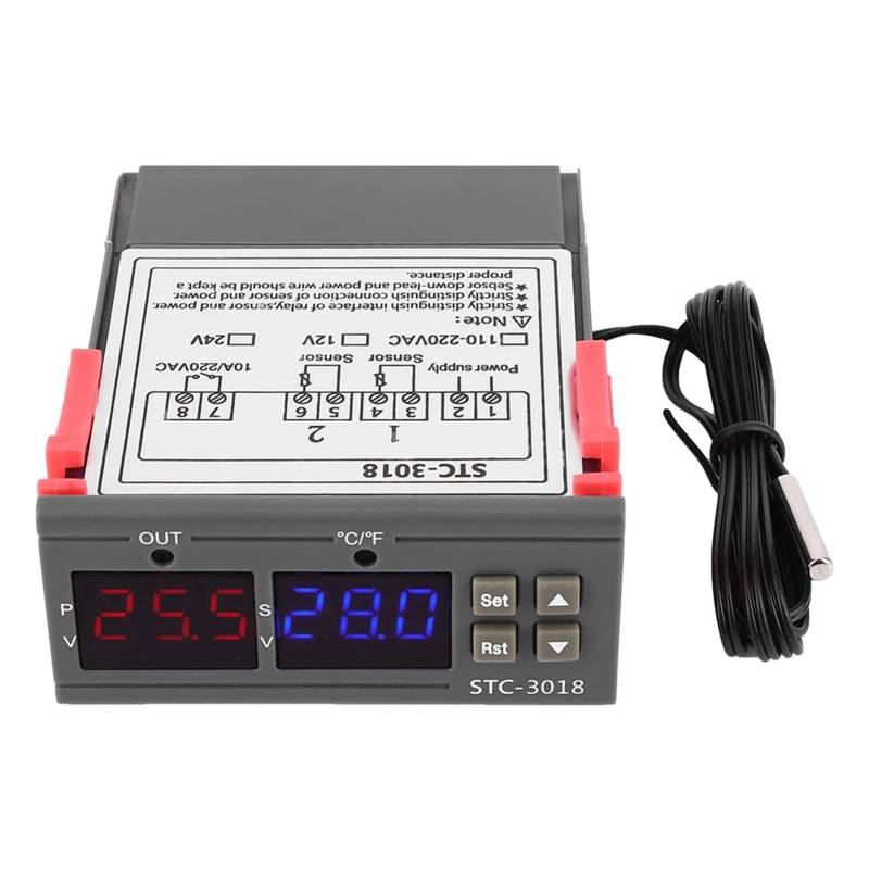 Digital Thermostat Temperatur Controller-Sensor 12 V/24 V/110 V/220 V STC-3018 Dual-Screen-Dual-Display mit -Kabellänge 1M für Kühlschrankheizgeräte (24V) von ViaGasaFamido