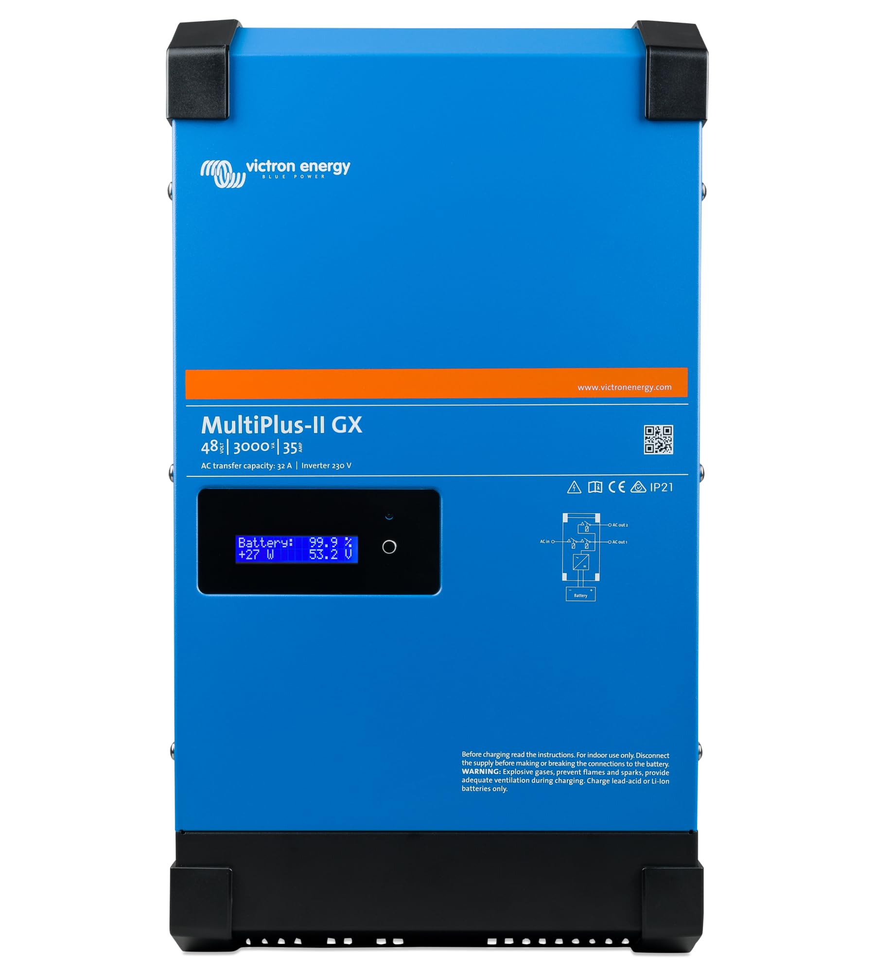 Victron Energy MultiPlus-II GX Reiner Sinus Wechselrichter 35 Amp Batterie Ladegerät, Spannungswandler, Transferschalter Inverter Charger, 3000VA 48-Volt 230V von Victron Energy