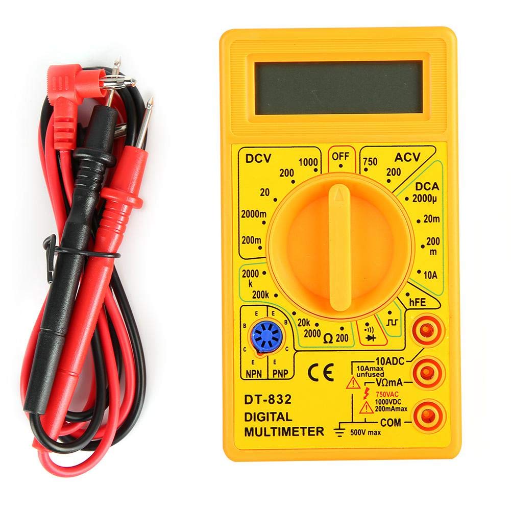 Digitalanzeigemultimeter, DT-832 Taschen-Digitalmultimeter, Wechsel-/Gleichspannungs-Strommessgerät mit Summer, Messleitungen, tragbares Taschenmessgerät(Gelb) von Vikye