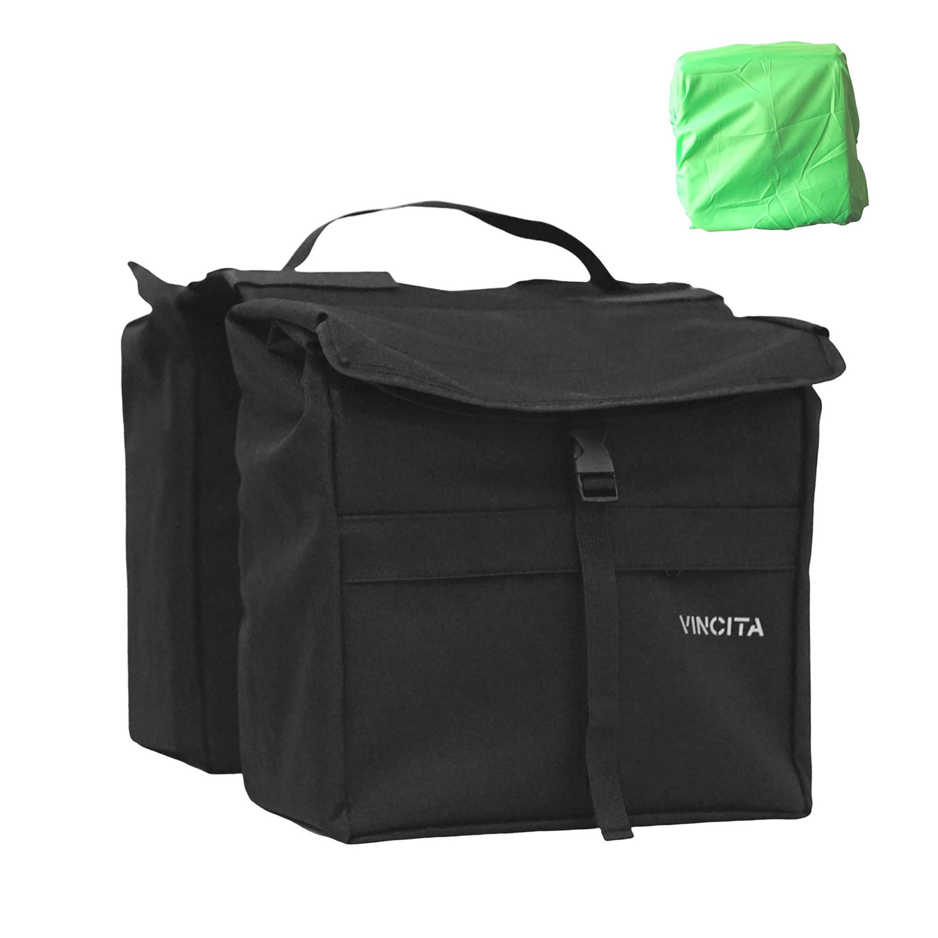 Vincita Top Load Double Pannier Wasserdicht Fahrradseitentaschen mit Regenschutz, groß, Tragegriff, reflektierende Punkte (Schwarz) von Vincita