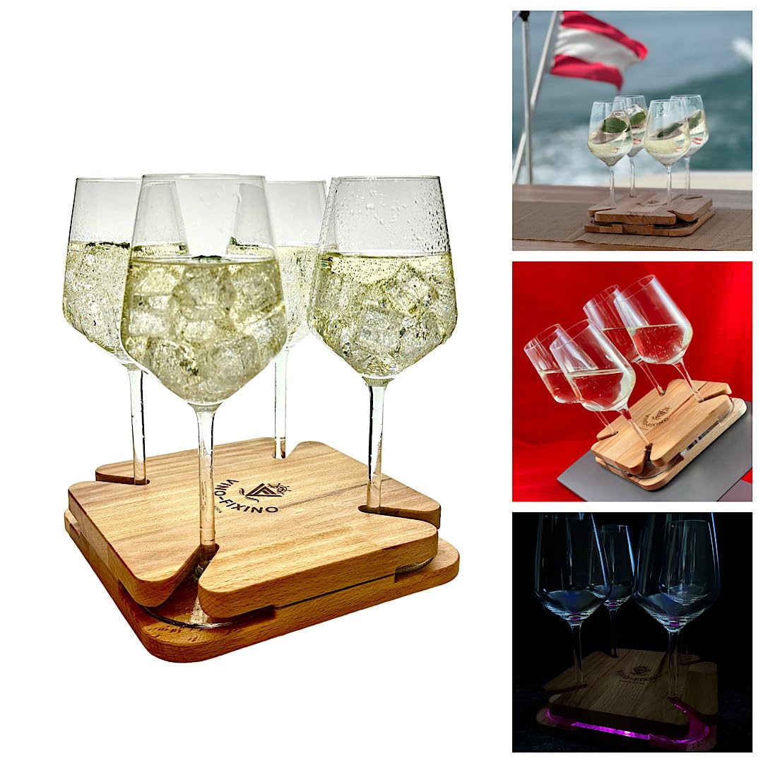 Vino-Fixino® exklusiver Weinglashalter, Getränkehalter für Boote, Wohnwagen, Camping, Picknick, Couchbar, Serviertablett, Rutschfester Stand, mit LED Beleuchtung und 4 Stück Gläser 380ml (LED rosa) von Vino-Fixino